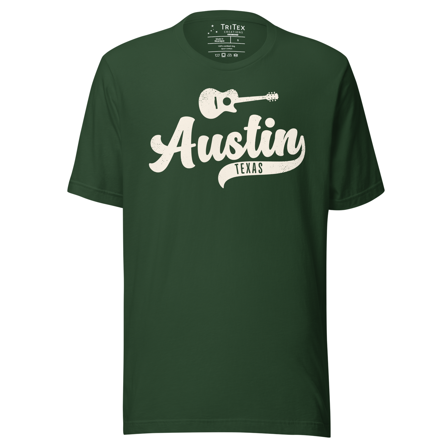 A forest green t-shirt featuring a silhouette of a guitar with the words "Austin TEXAS".