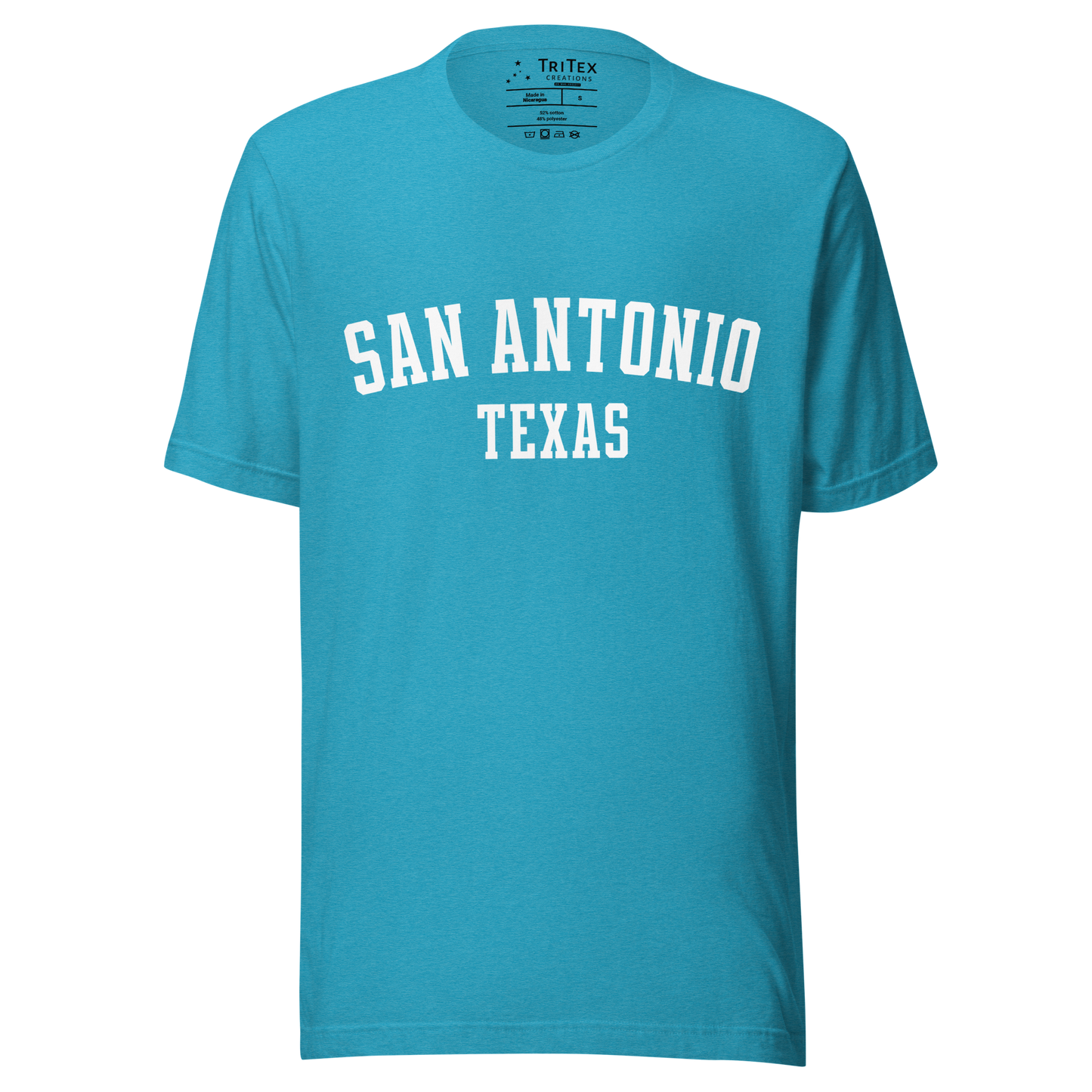 A heather aqua t-shirt with the words "San Antonio, Texas".