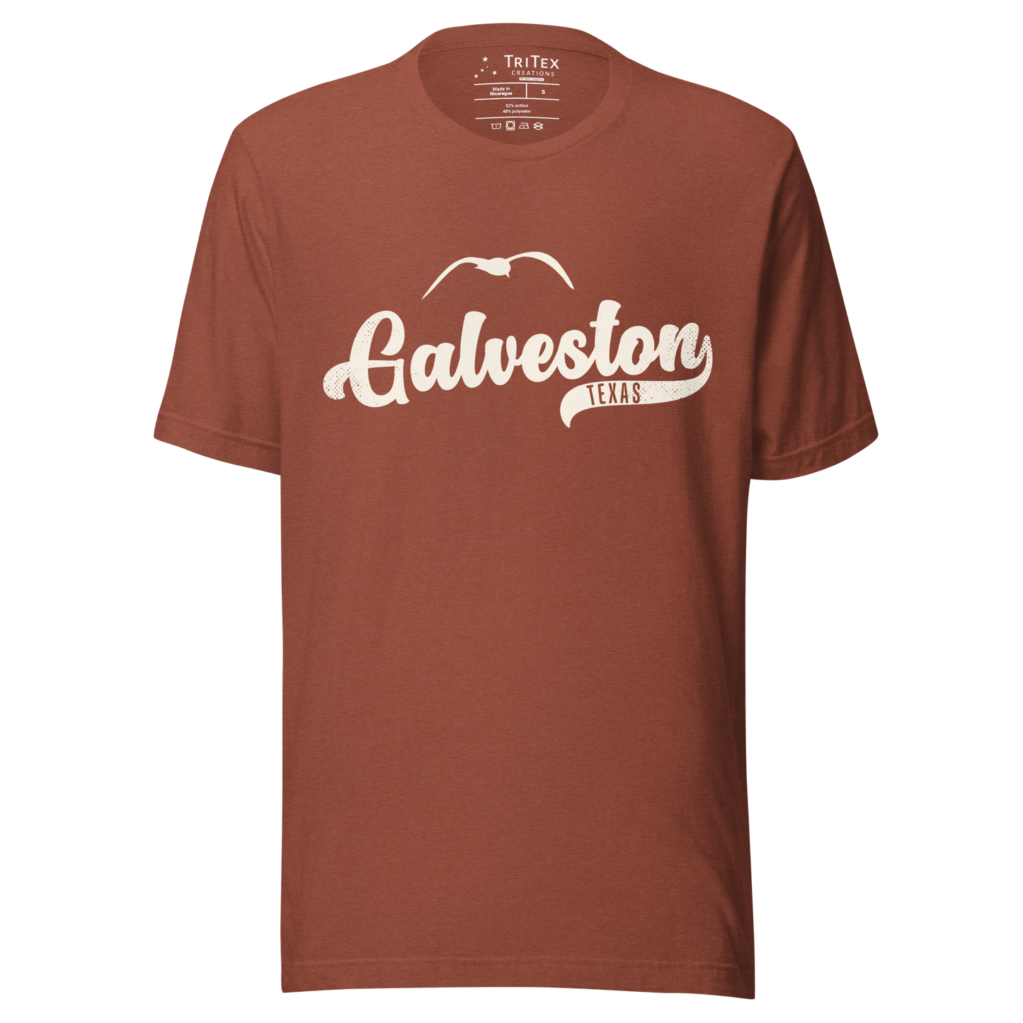 A heather clay t-shirt featuring a silhouette of a seagull with the words "Galveston TEXAS".