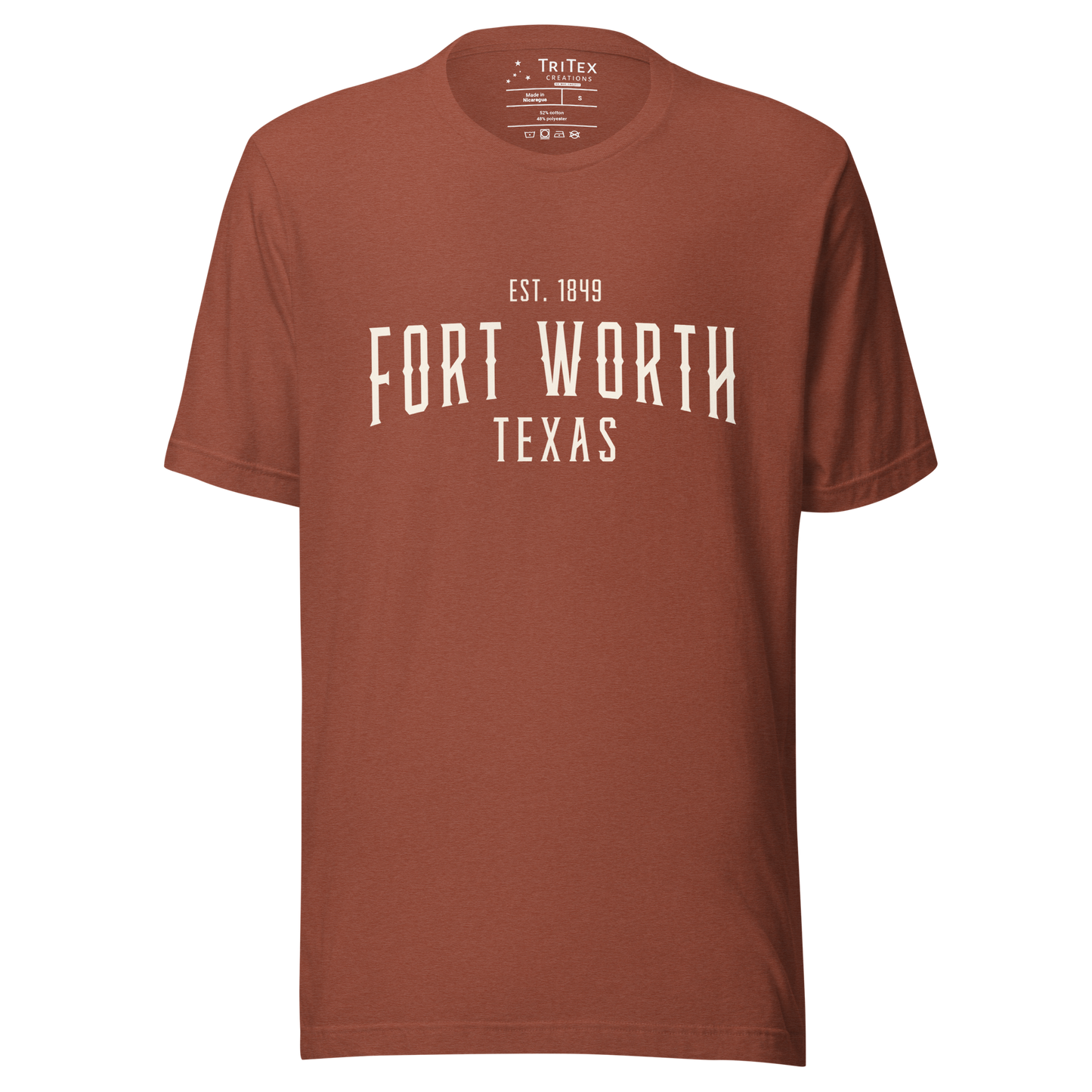 A heather clay t-shirt with the words "Fort Worth Texas Est. 1849".