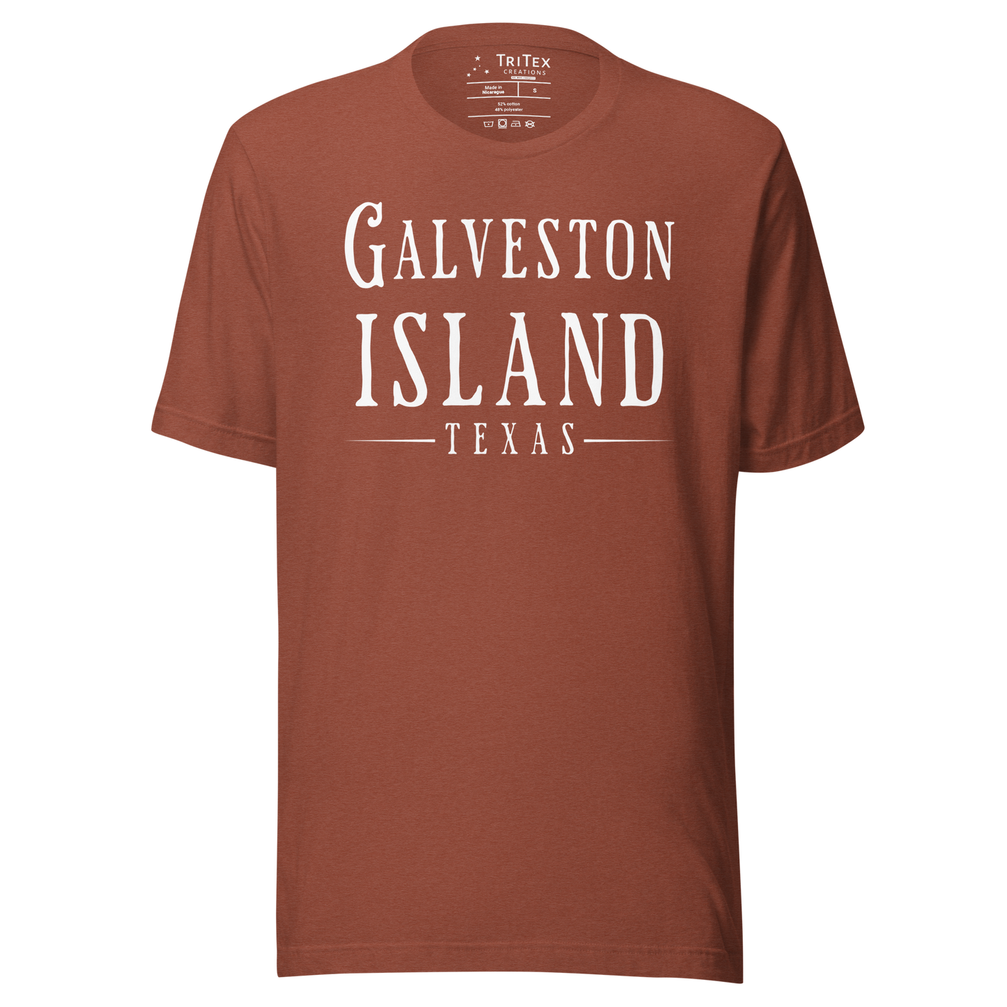 A heather clay t-shirt with the words "Galveston Island Texas".