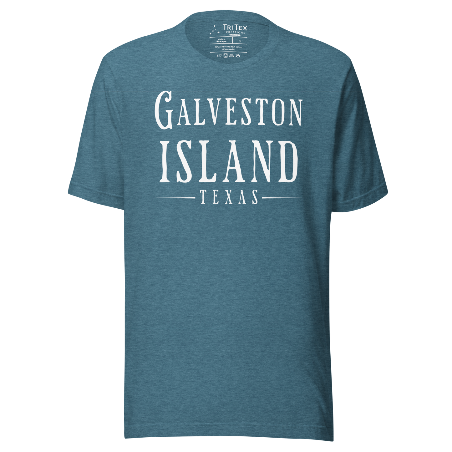 A heather deep teal t-shirt with the words "Galveston Island Texas".