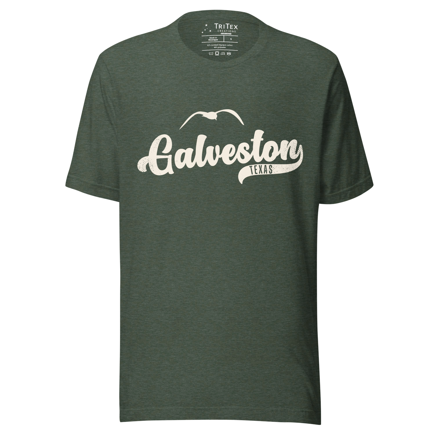 A heather forest green t-shirt featuring a silhouette of a seagull with the words "Galveston TEXAS".