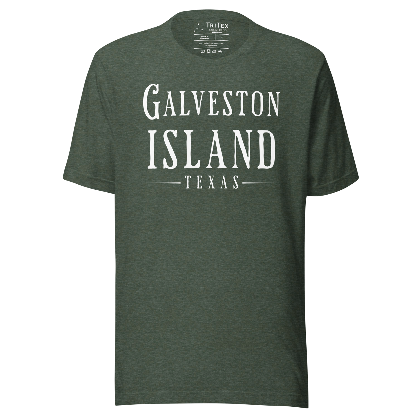 A heather forest t-shirt with the words "Galveston Island Texas".