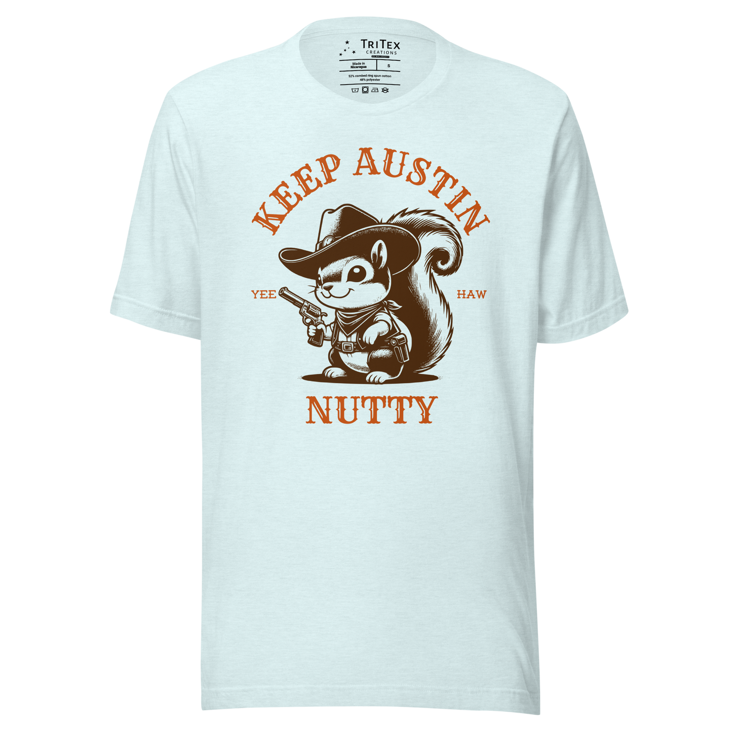 A heather ice blue t-shirt featuring a vintage illustration of a squirrel dressed like a cowboy with text that reads "Keep Austin Nutty. Yee Haw".