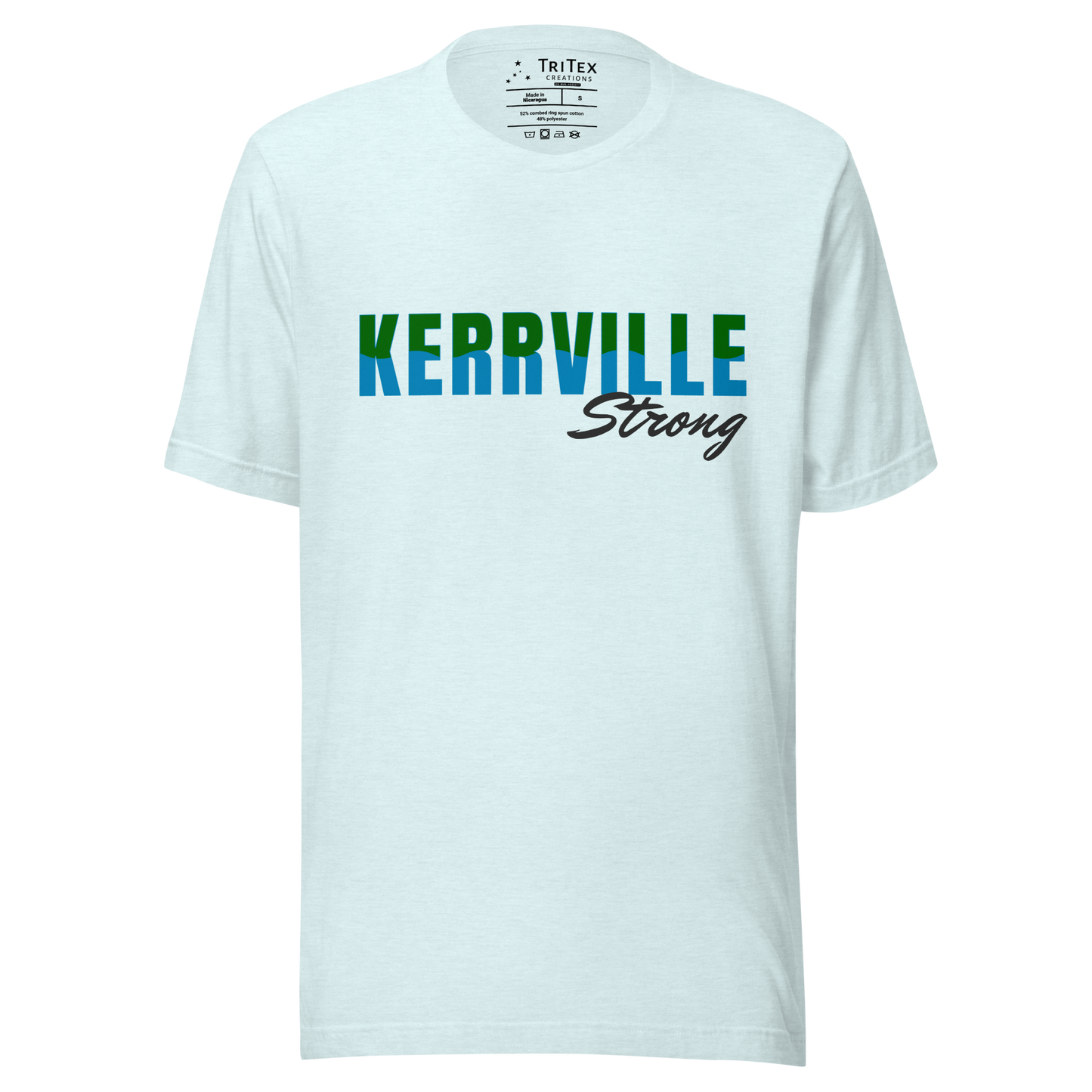 A heather ice blue t-shirt with the words "Kerrville Strong".