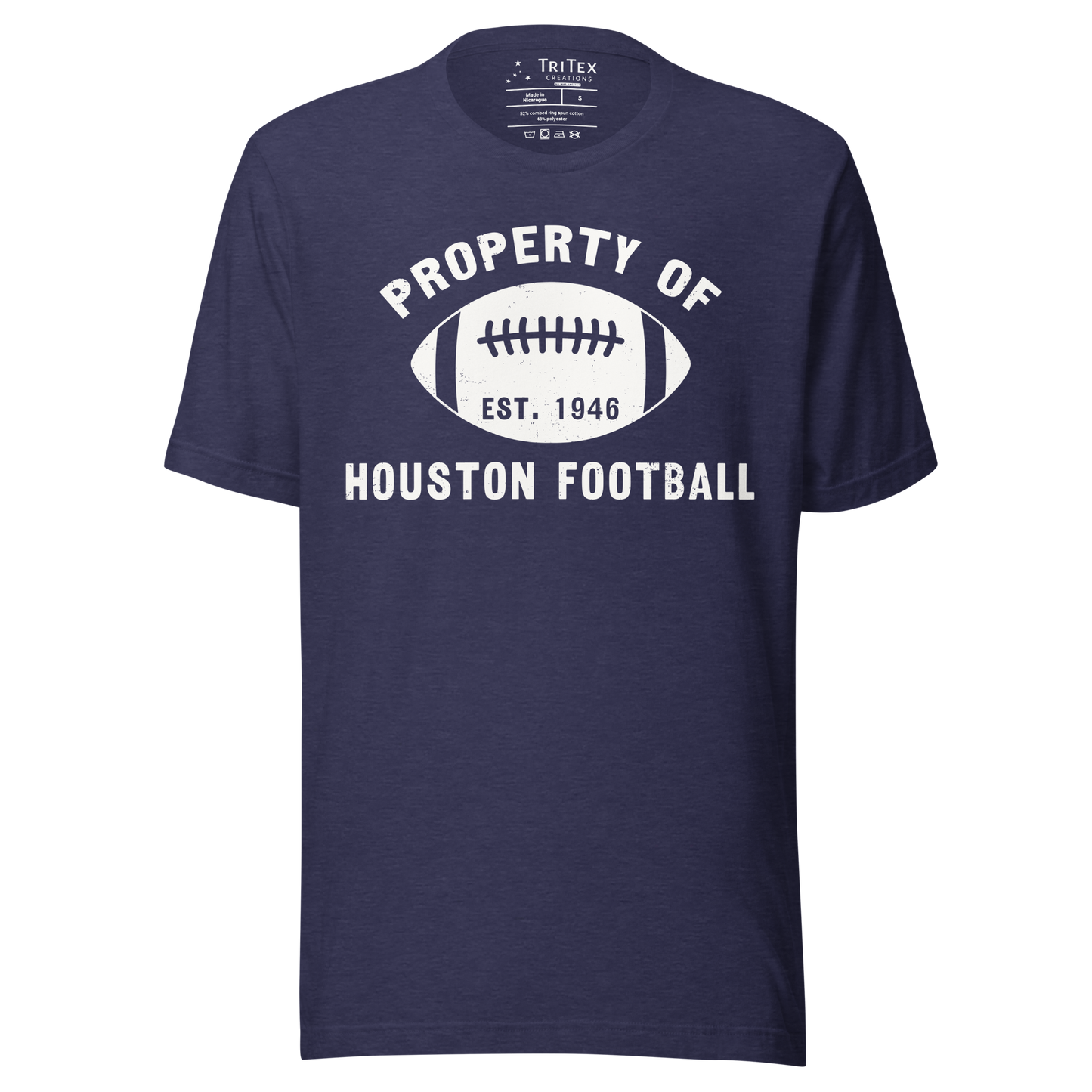 A heather midnight navy blue t-shirt featuring a silhouette of a football with text that reads "Property of Houston Football Est. 1946".