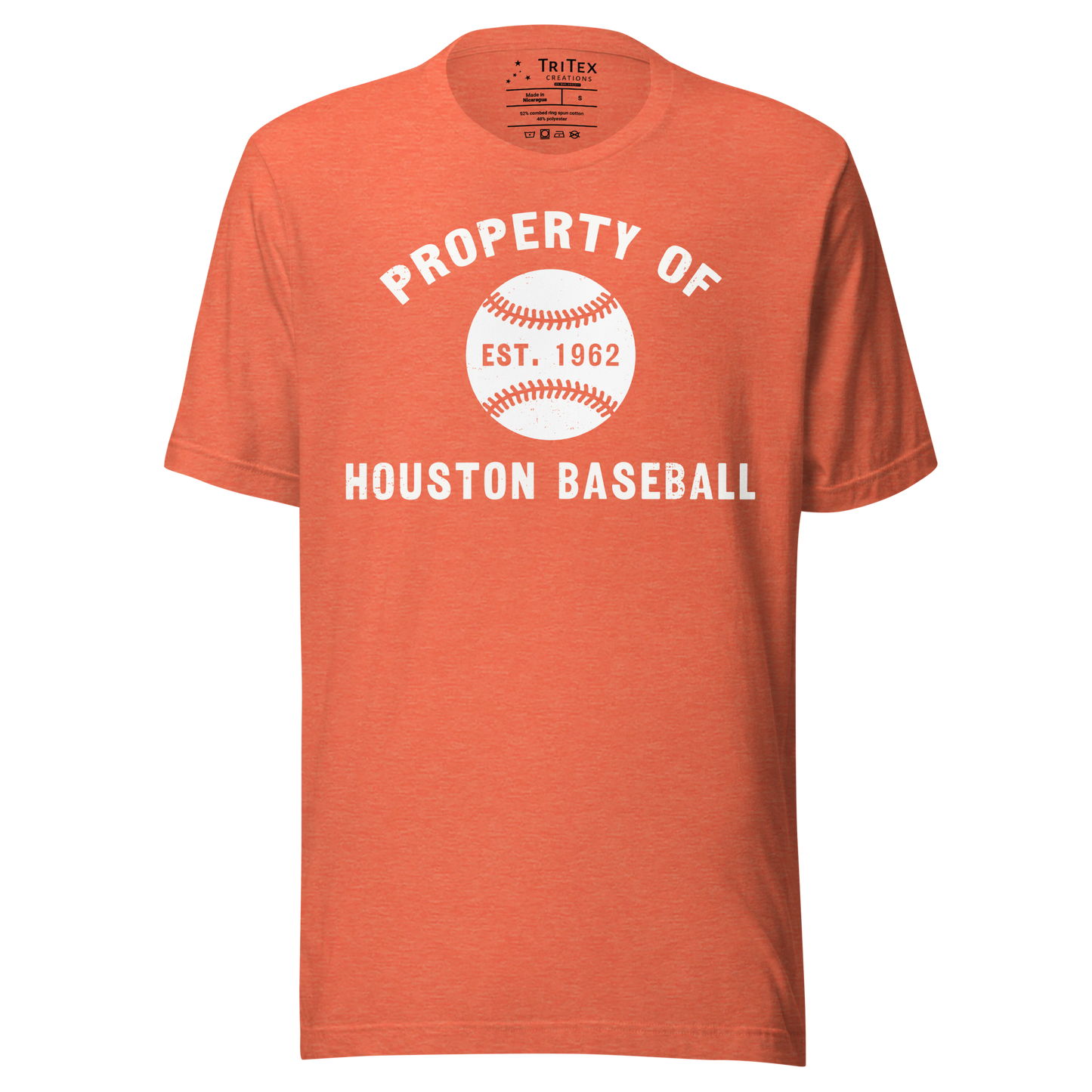 A heather orange t-shirt featuring a silhouette of a baseball with text that reads "Property of Houston Baseball Est. 1962".
