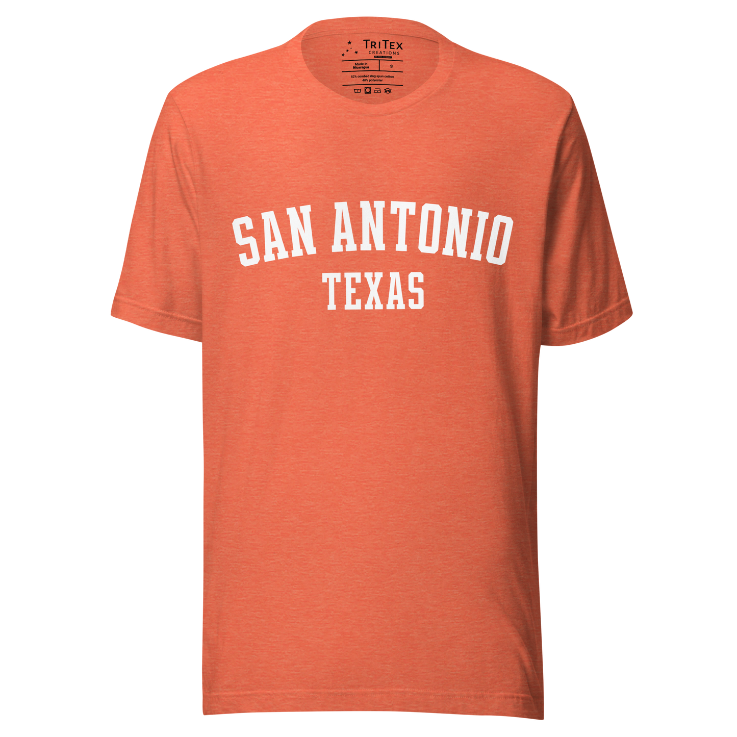 A heather orange t-shirt with the words "San Antonio, Texas".