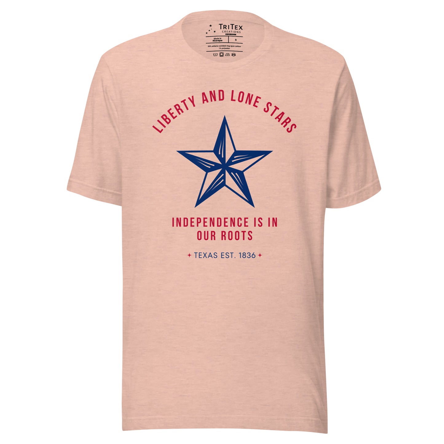 A heather prism peach shirt featuring a 5-pointed star with the words "Liberty and lone stars. Independence is in our roots. Texas Est. 1836".