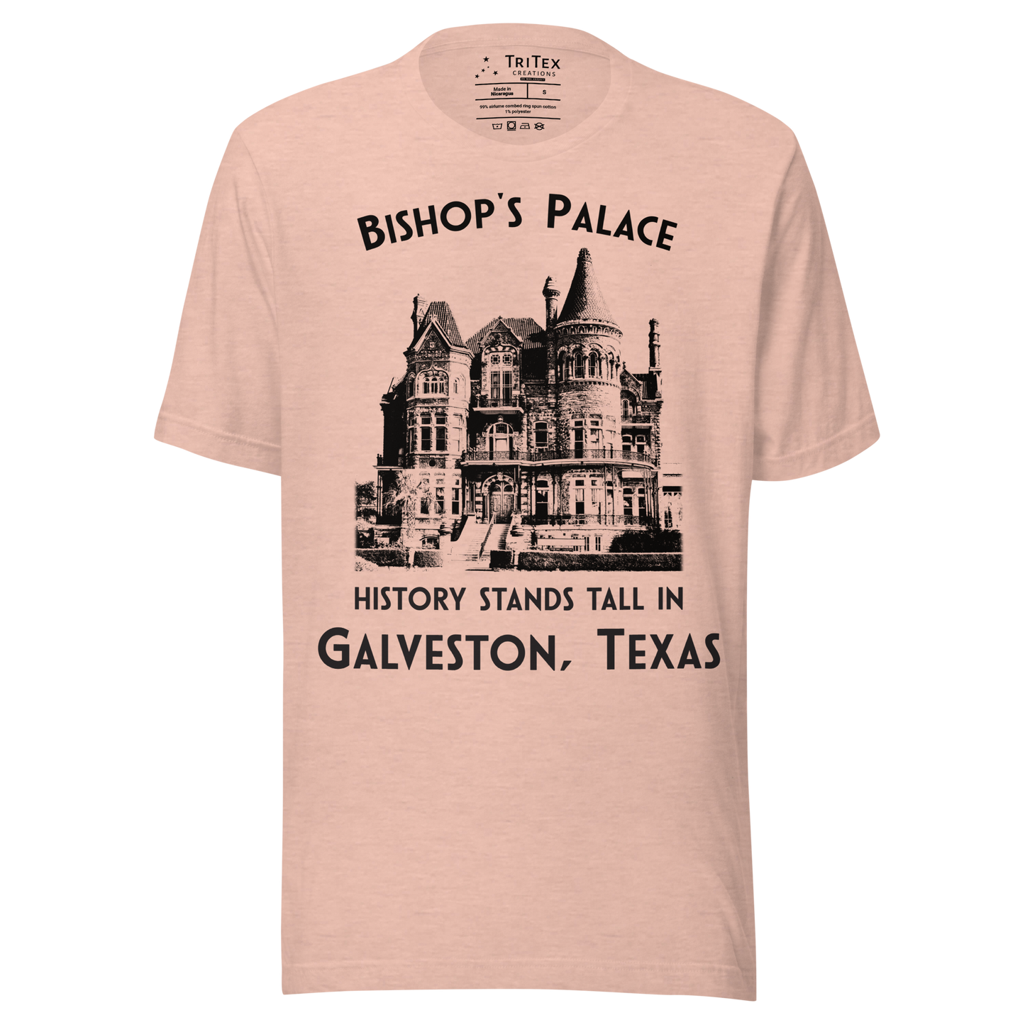 A heather prism peach t-shirt featuring a vintage-style picture of Bishop's Palace with the text "Bishop's Palace. History stands tall in Galveston, Texas".
