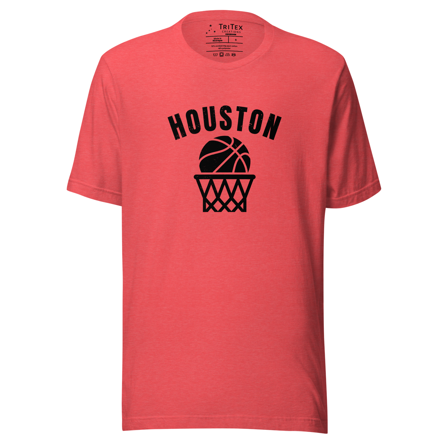 A heather red t-shirt featuring a basketball and net with the words "Houston".