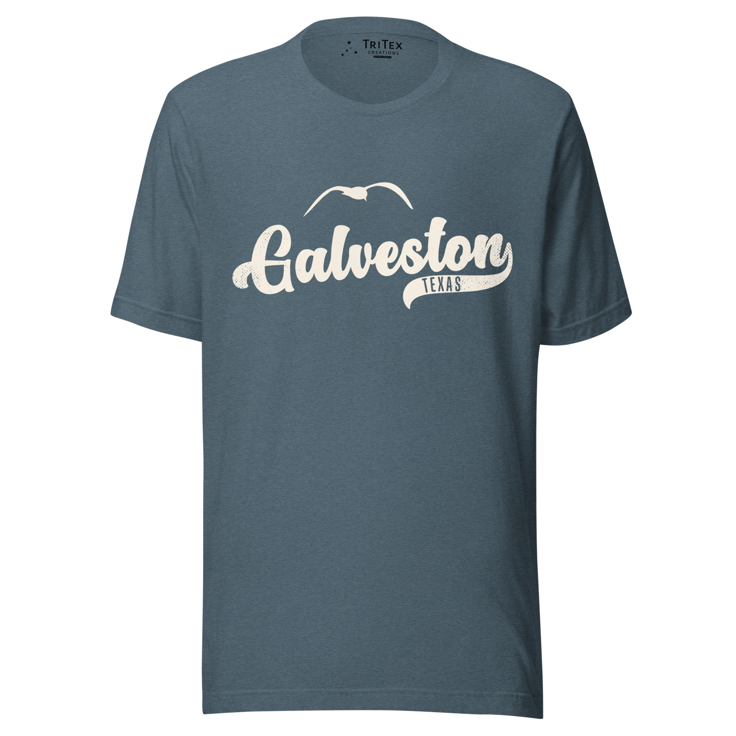 A heather slate t-shirt featuring a silhouette of a seagull with the words "Galveston TEXAS".