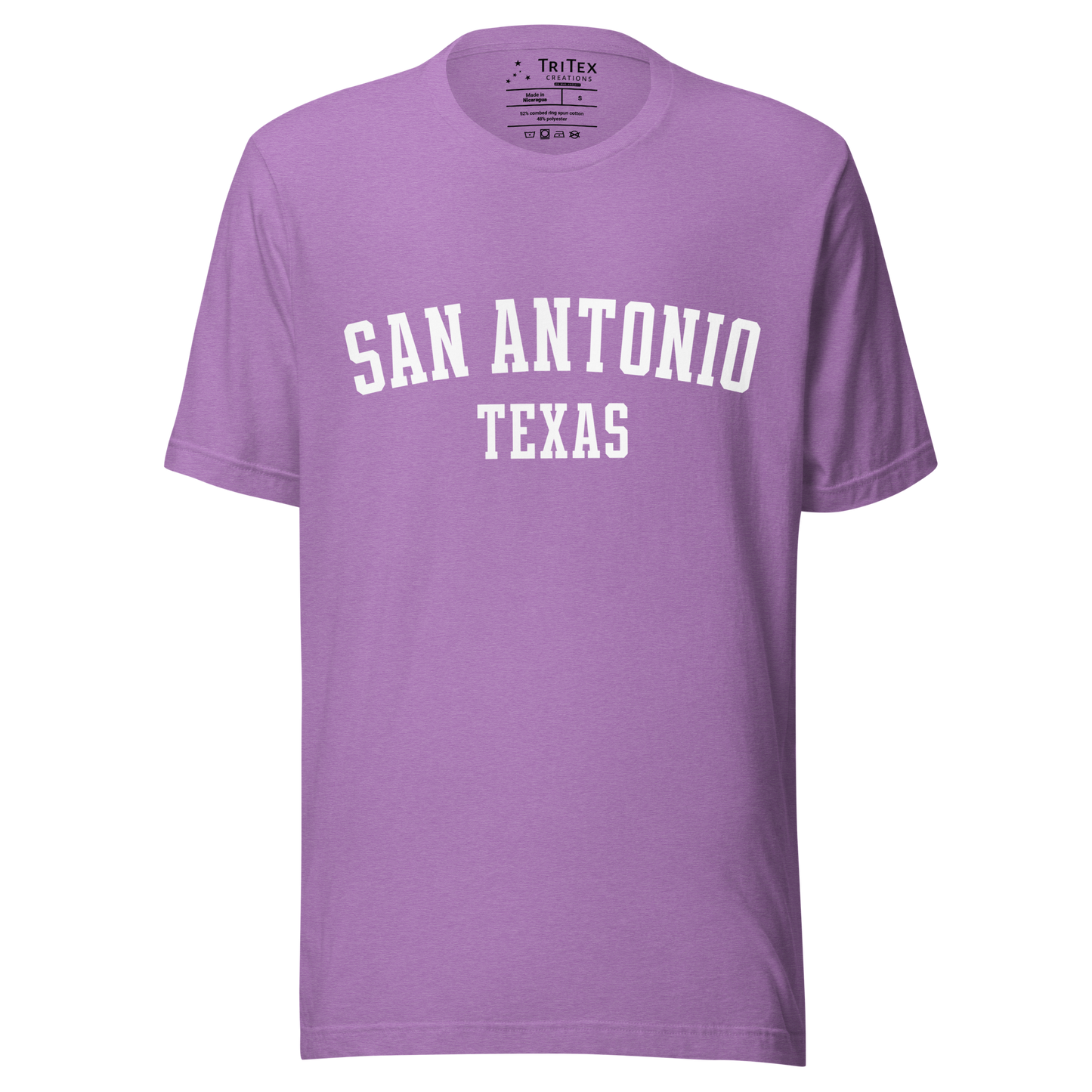 A heather team purple t-shirt with the words "San Antonio, Texas".