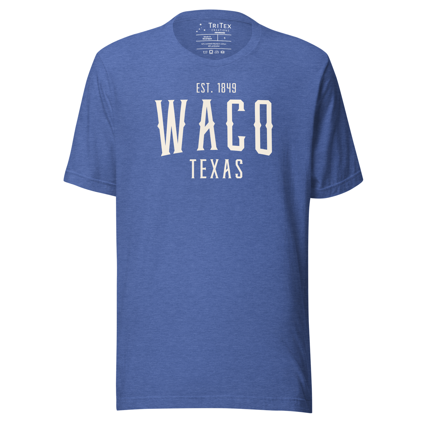A heather true royal blue t-shirt with the words "Waco Texas Est. 1849".