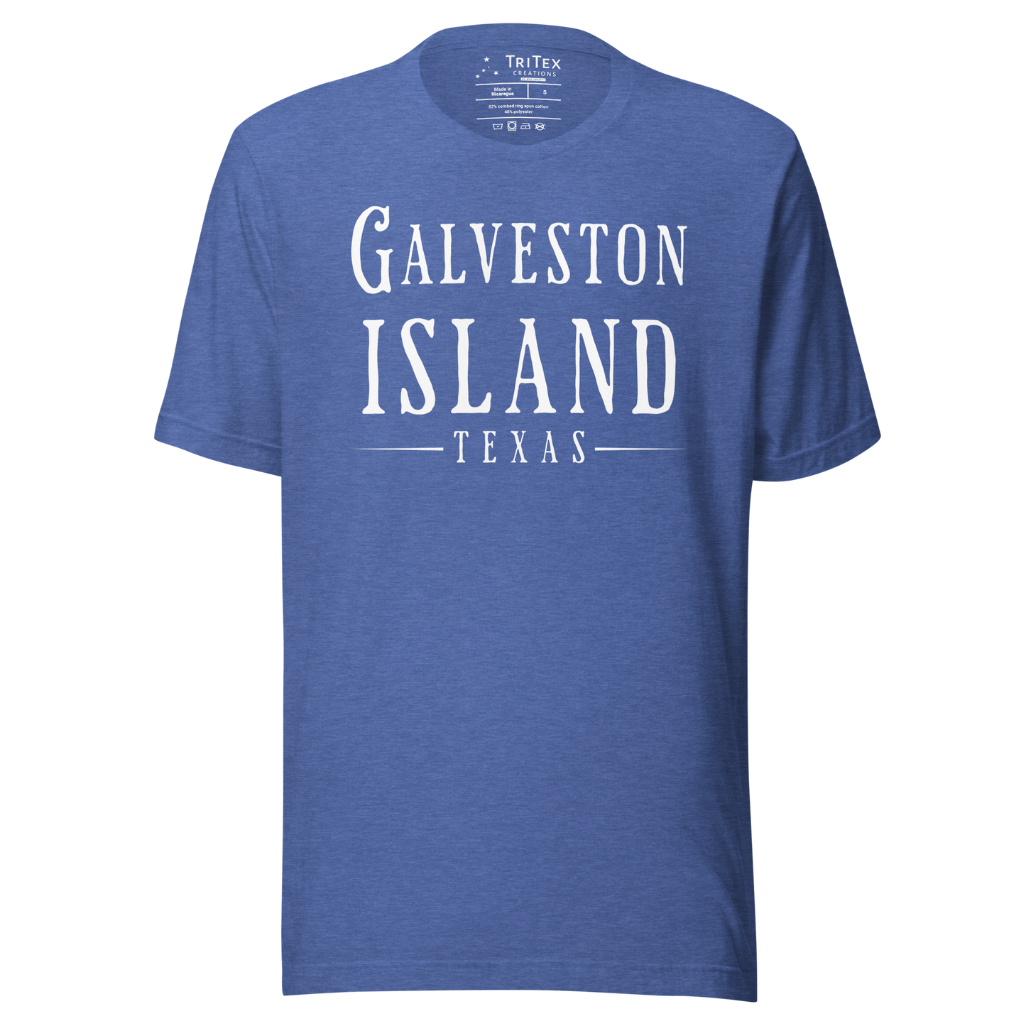 A heather true royal t-shirt with the words "Galveston Island Texas".