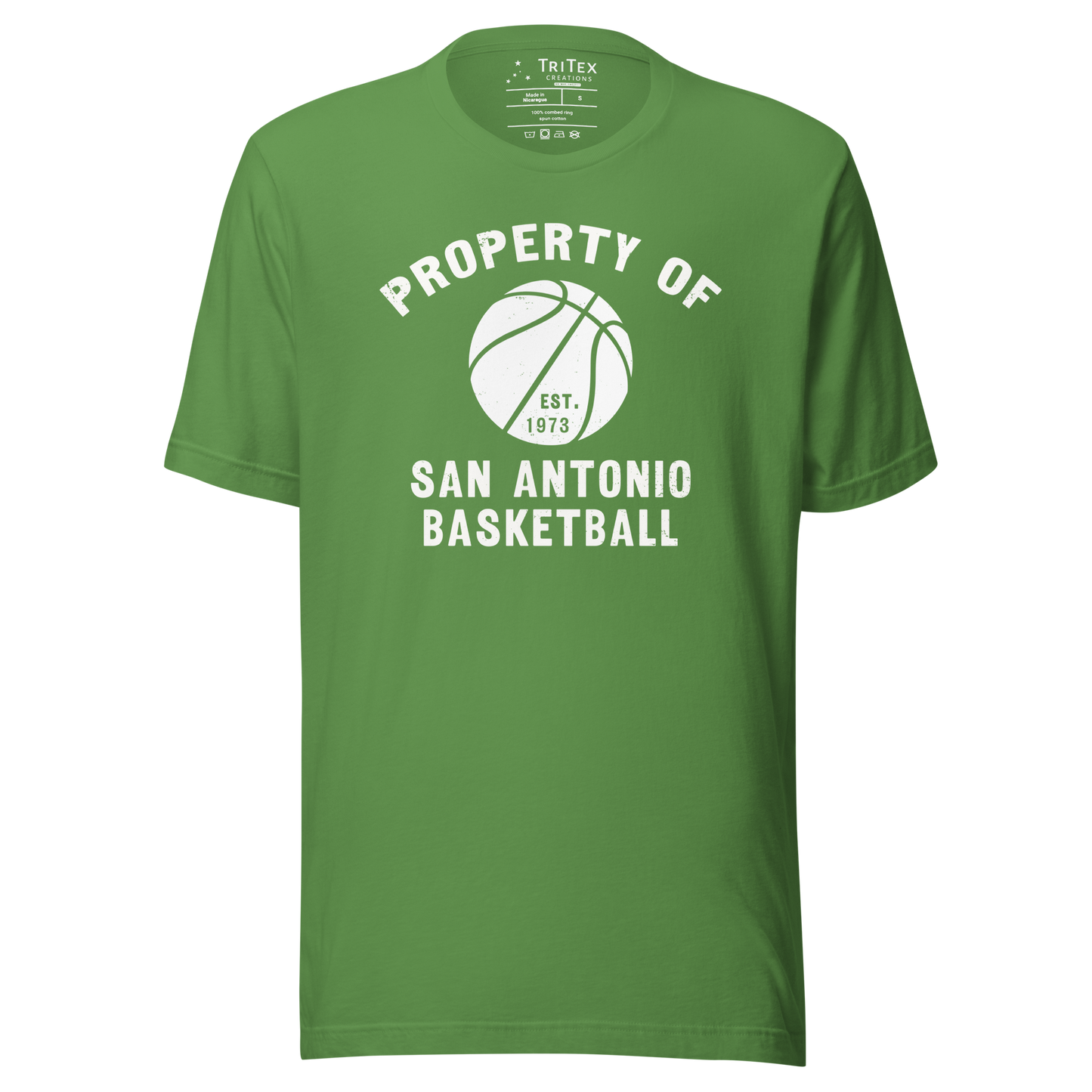 A leaf green t-shirt featuring a silhouette of a basketball with the words "Property of San Antonio basketball Est. 1973".