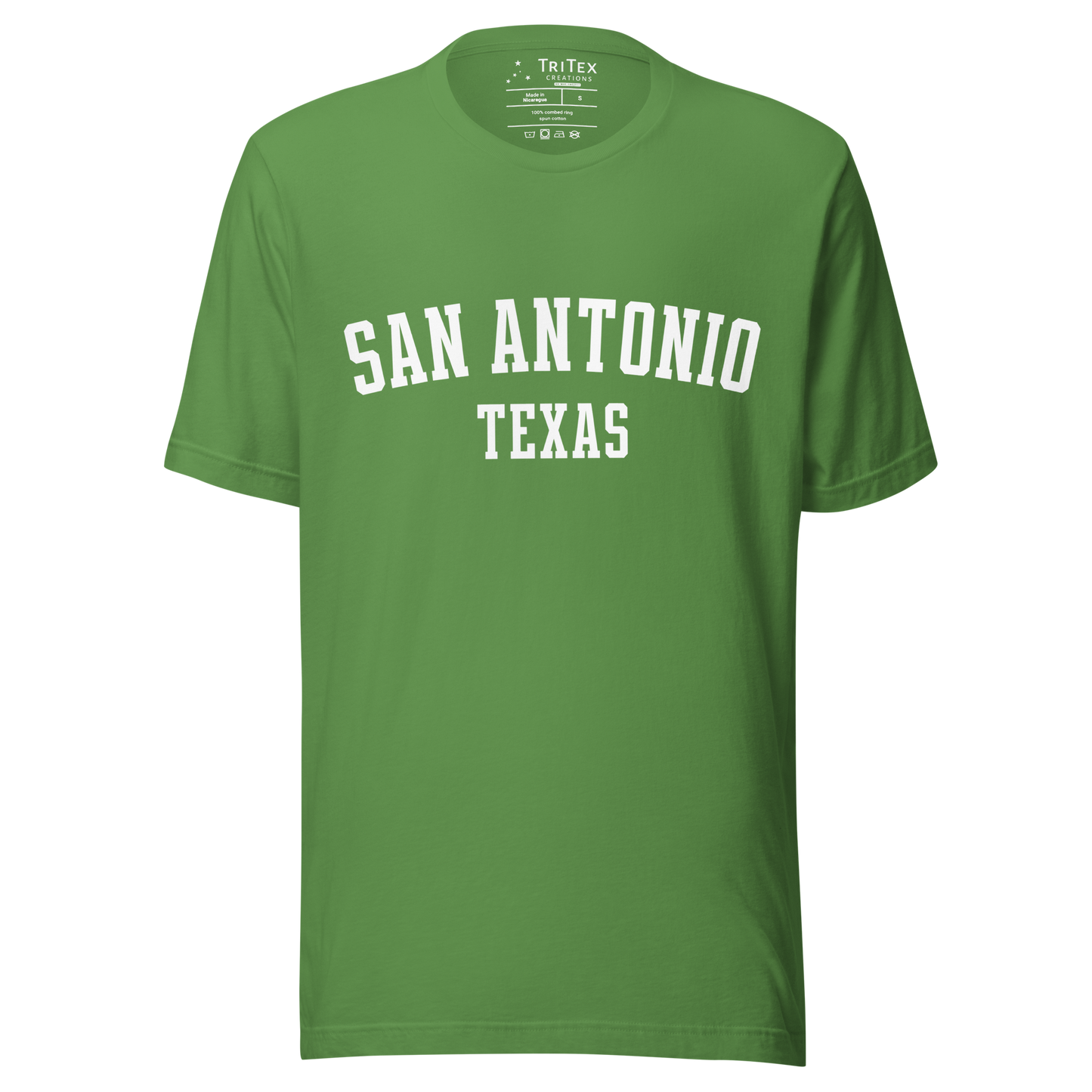 A leaf green t-shirt with the words "San Antonio, Texas".