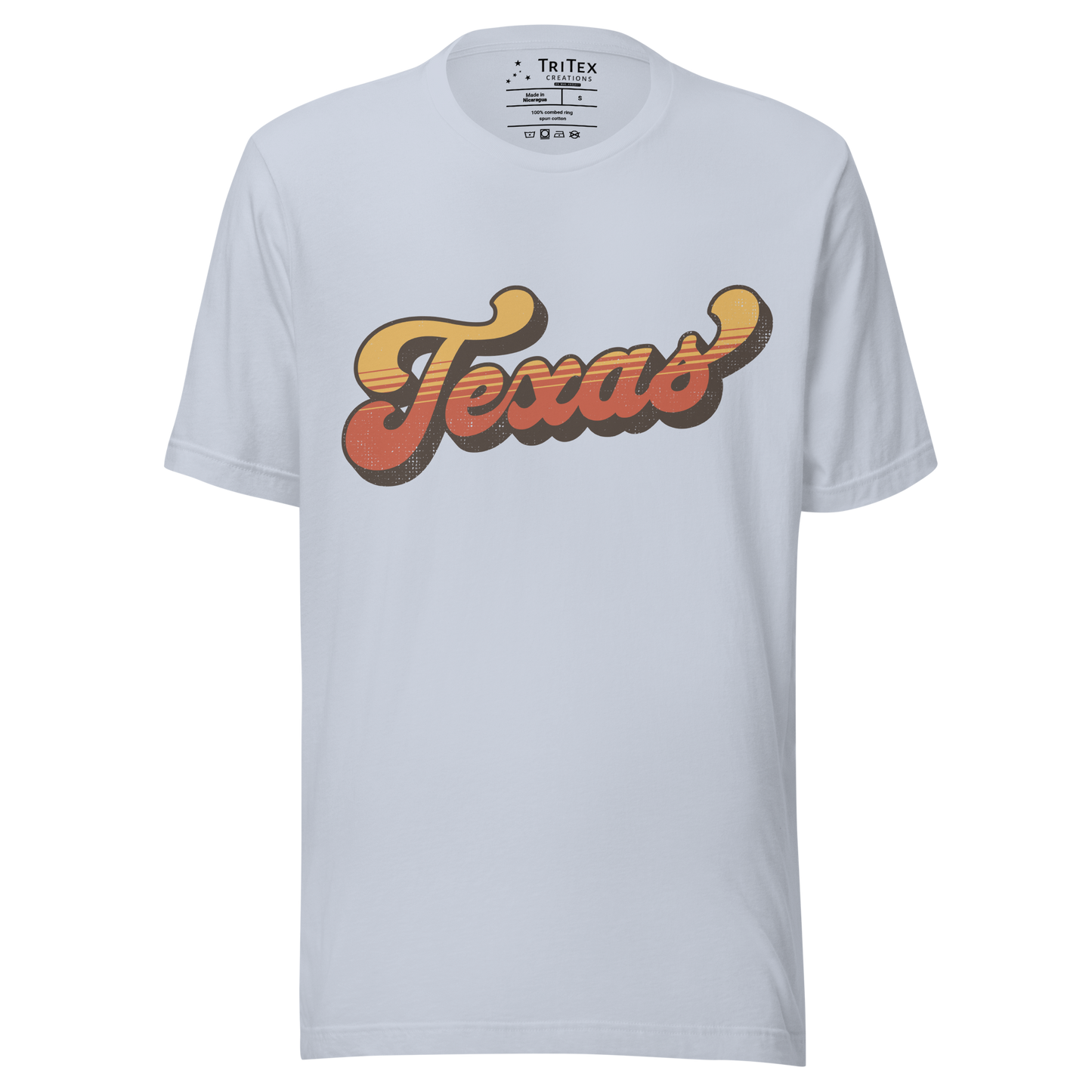 A light blue t-shirt with a retro style Texas in a vintage font.