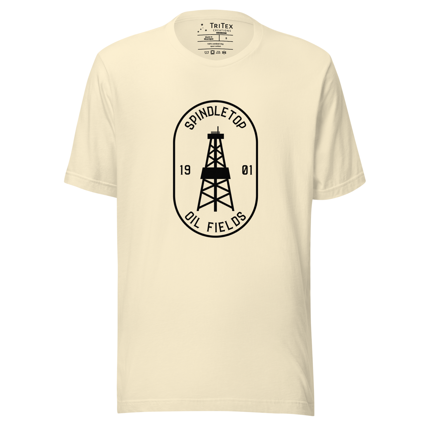 A natural-colored t-shirt featuring an oil tower with the words "Spindletop oil fields 1901".