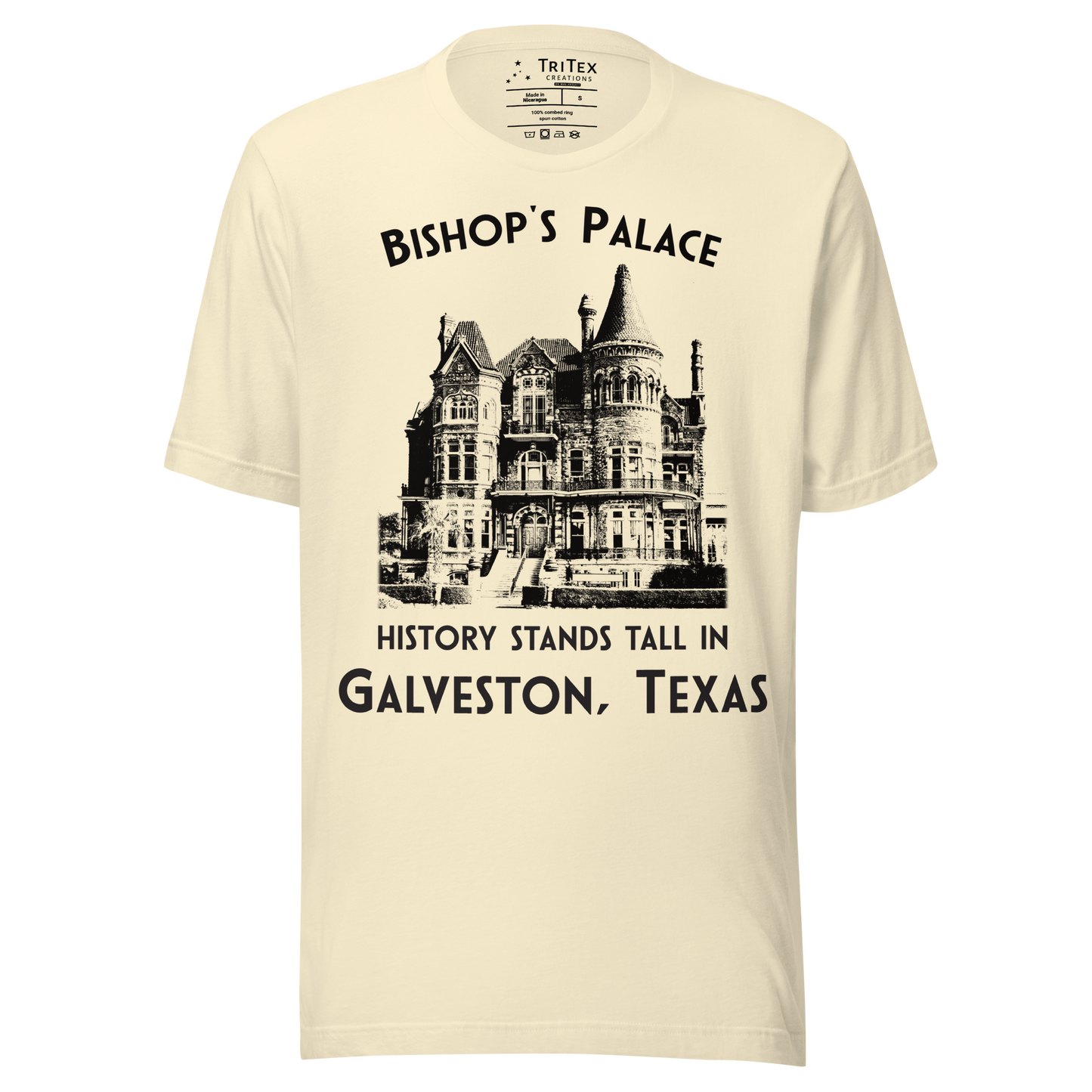 A natural t-shirt featuring a vintage-style picture of Bishop's Palace with the text "Bishop's Palace. History stands tall in Galveston, Texas".