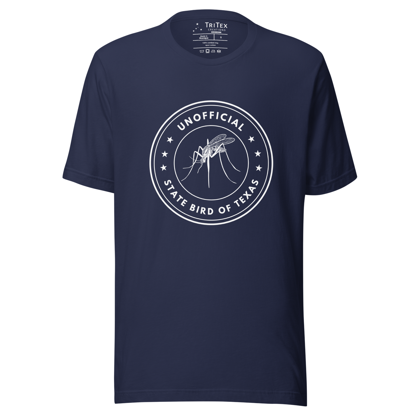 A navy blue t-shirt featuring an image of a mosquito with the text "Unofficial State Bird Of Texas".