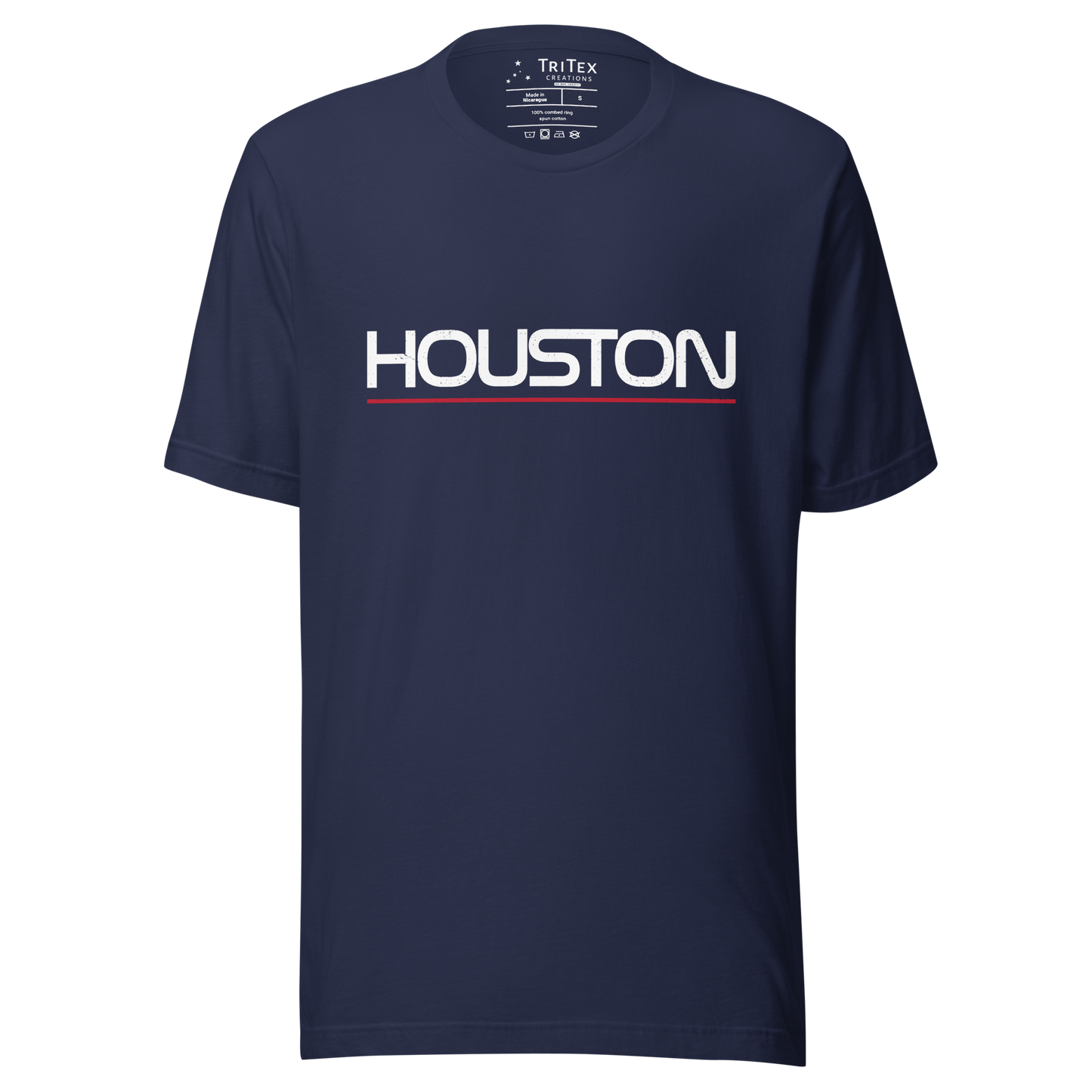 A navy blue t-shirt with the name of "Houston" in a NASA-style font.