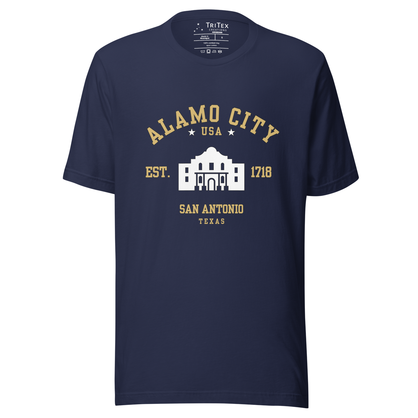 A navy t-shirt featuring an image of The Alamo with the words "Alamo City USA Est. 1718 San Antonio Texas".