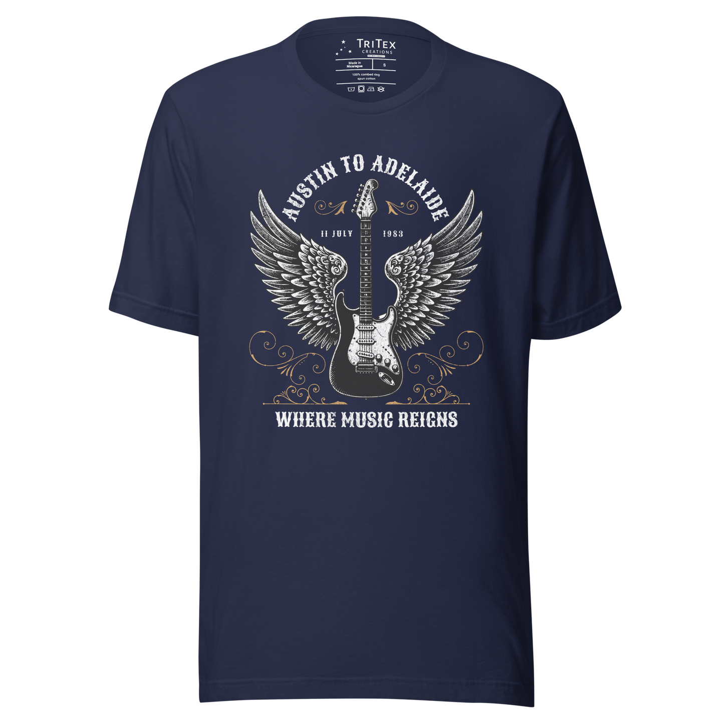 A navy blue t-shirt featuring an electric guitar with wings and the words "Austin to Adelaide 11 July 1983. Where music reigns".