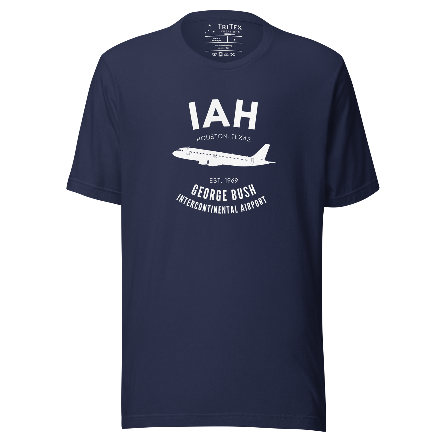 A navy t-shirt with a silhouette of a passenger plane with the text "IAH Houston, Texas EST. 1969 George Bush Intercontinental Airport".