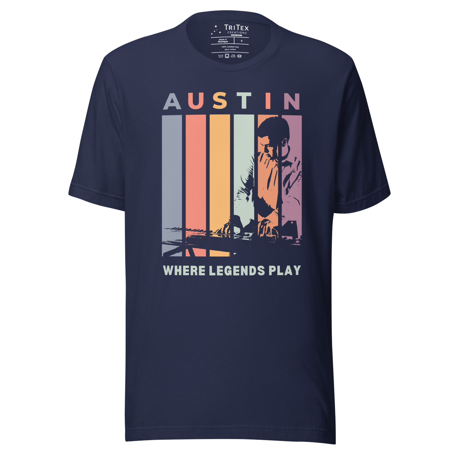 A navy blue t-shirt featuring the silhouette of a keyboard player with the words "Austin. Where legends play".