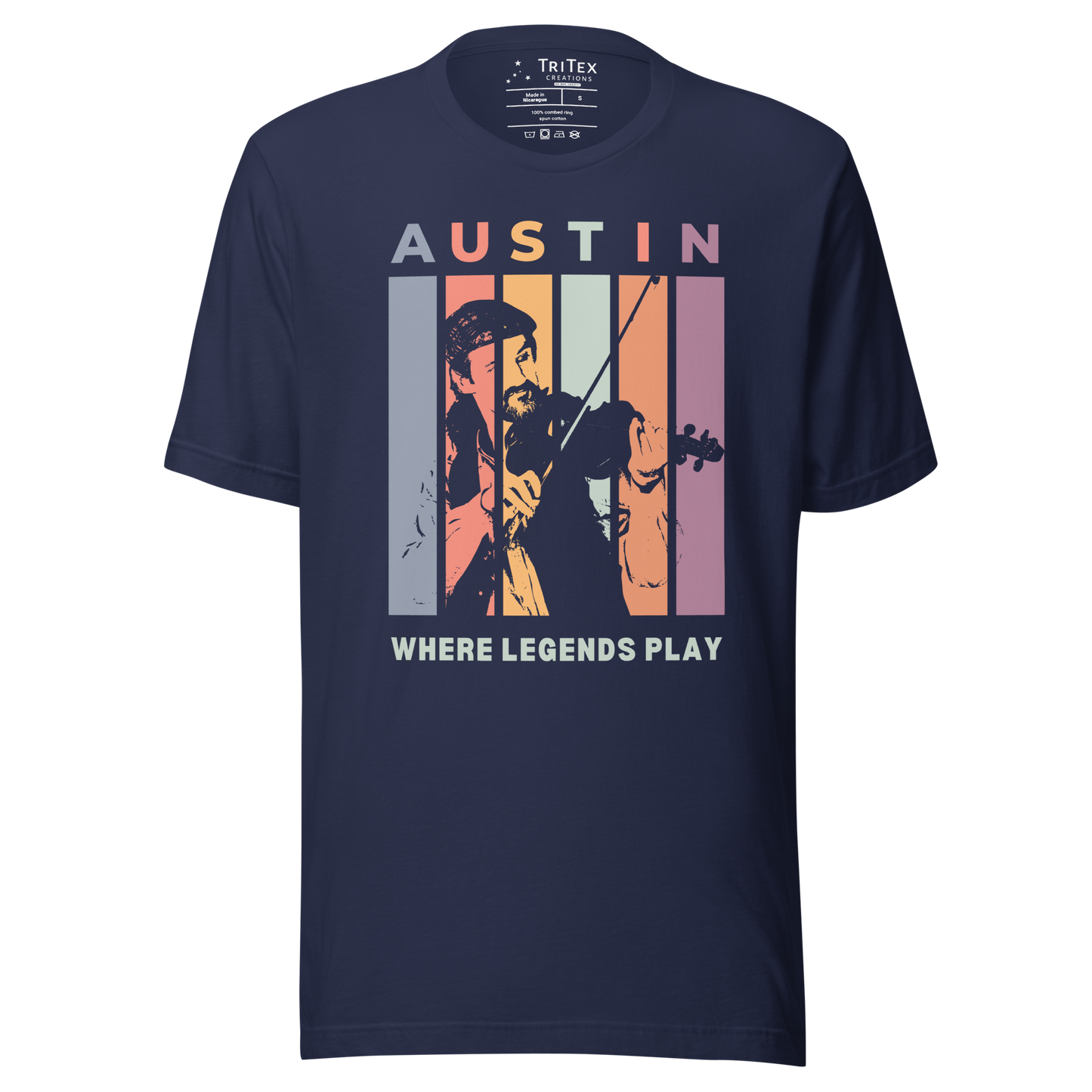 A navy blue t-shirt featuring a silhouette of a fiddle player with the words "Austin. Where legends play".