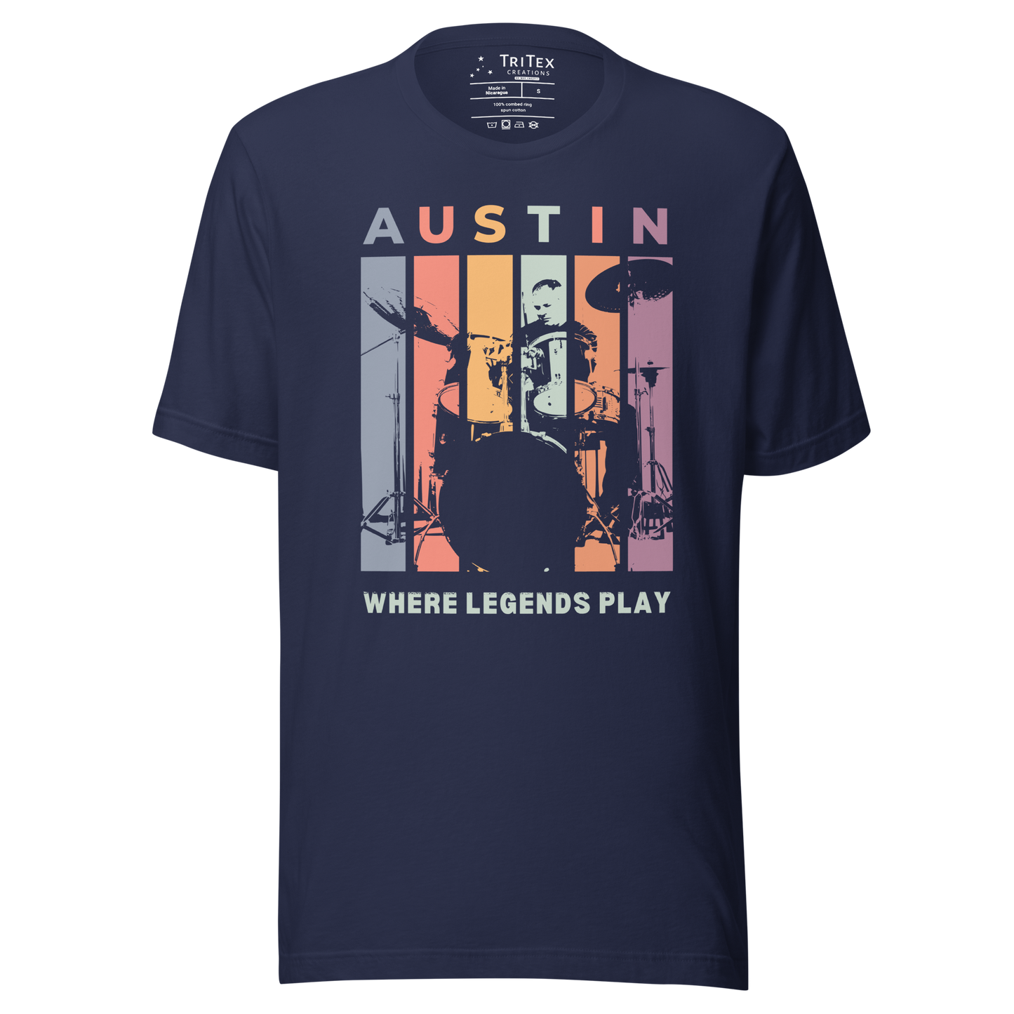 A navy blue t-shirt featuring a silhouette of a drummer with the words "Austin. Where legends play".