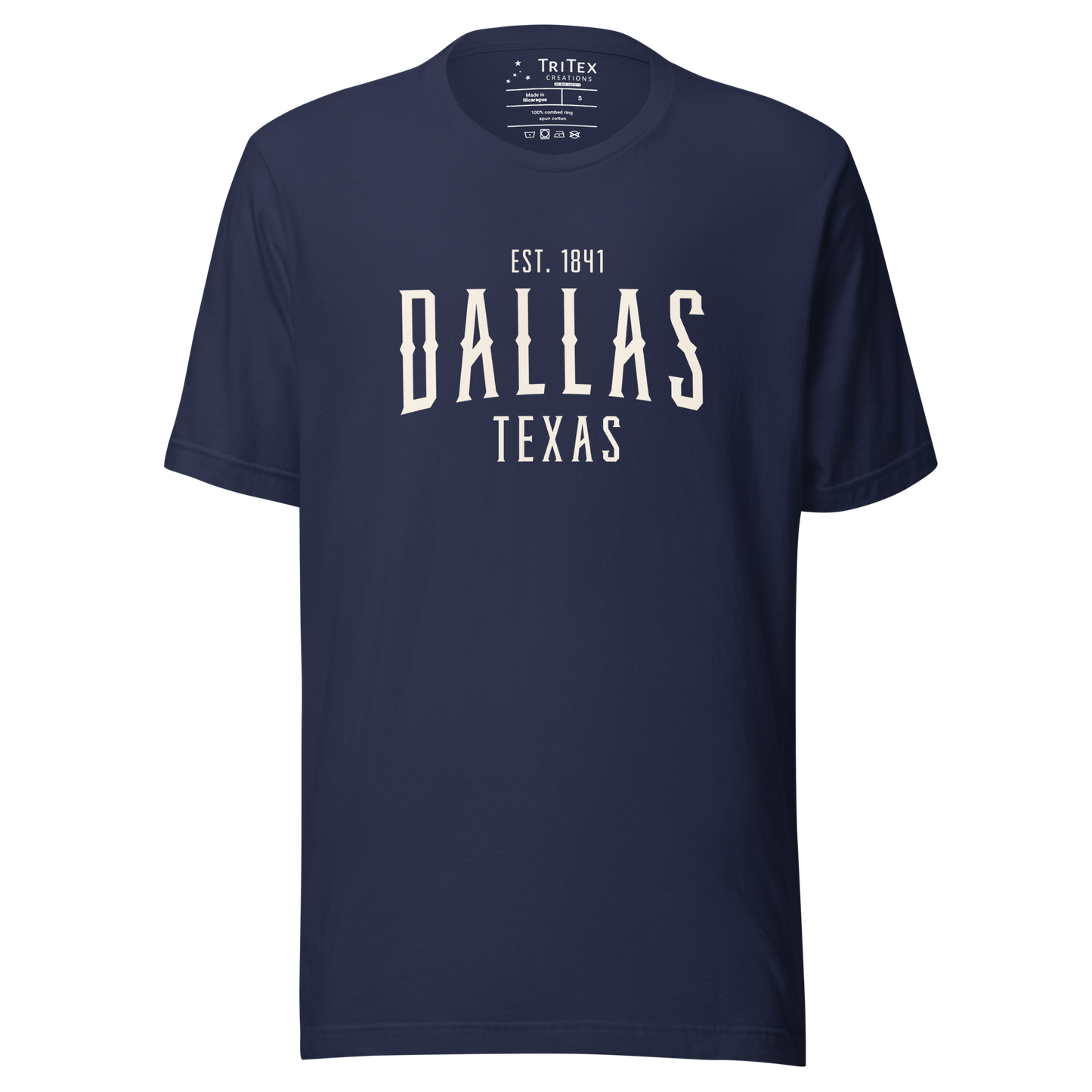 A navy blue t-shirt with the words "Dallas Texas Est. 1841".