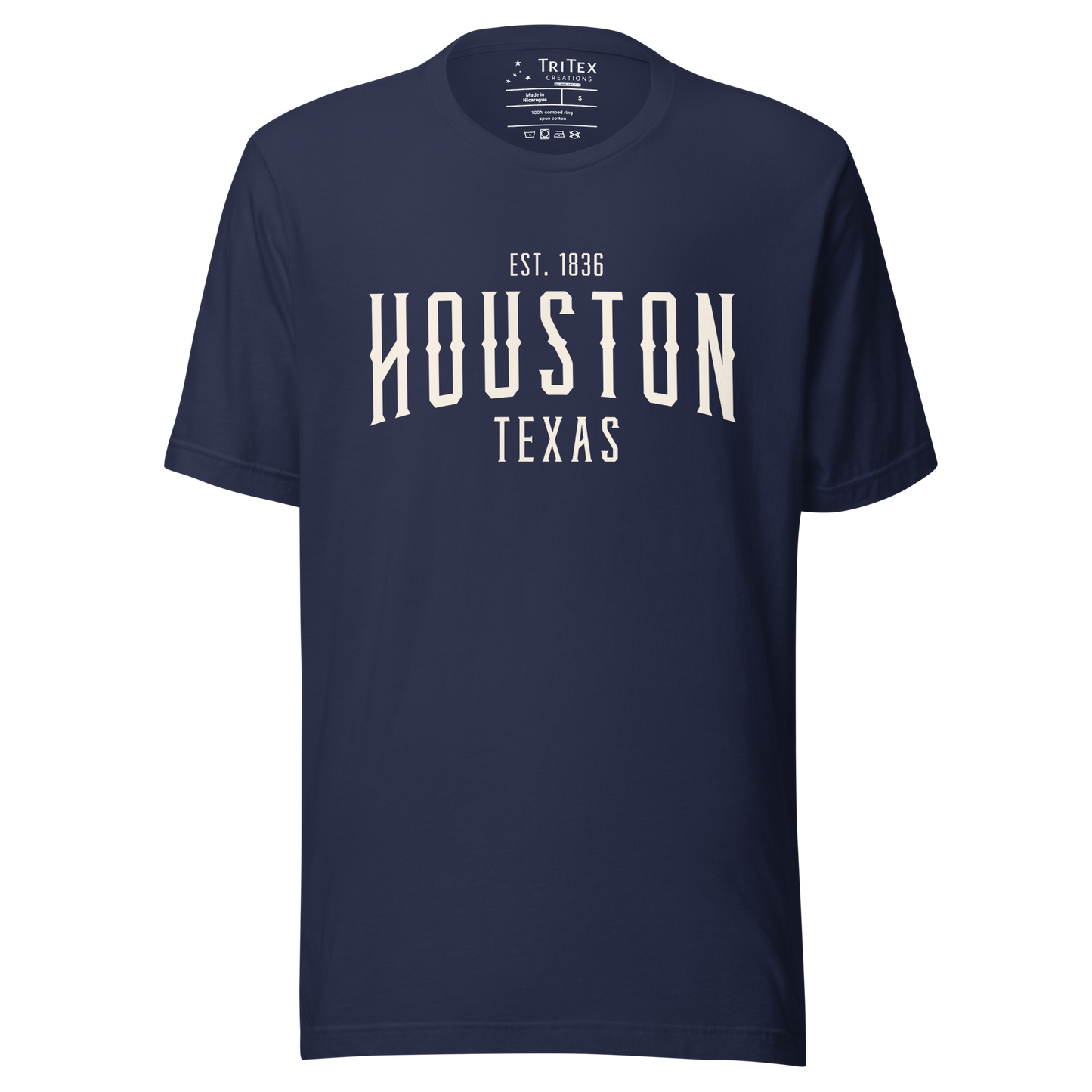 A navy blue t-shirt with the words "Houston Texas Est. 1836".