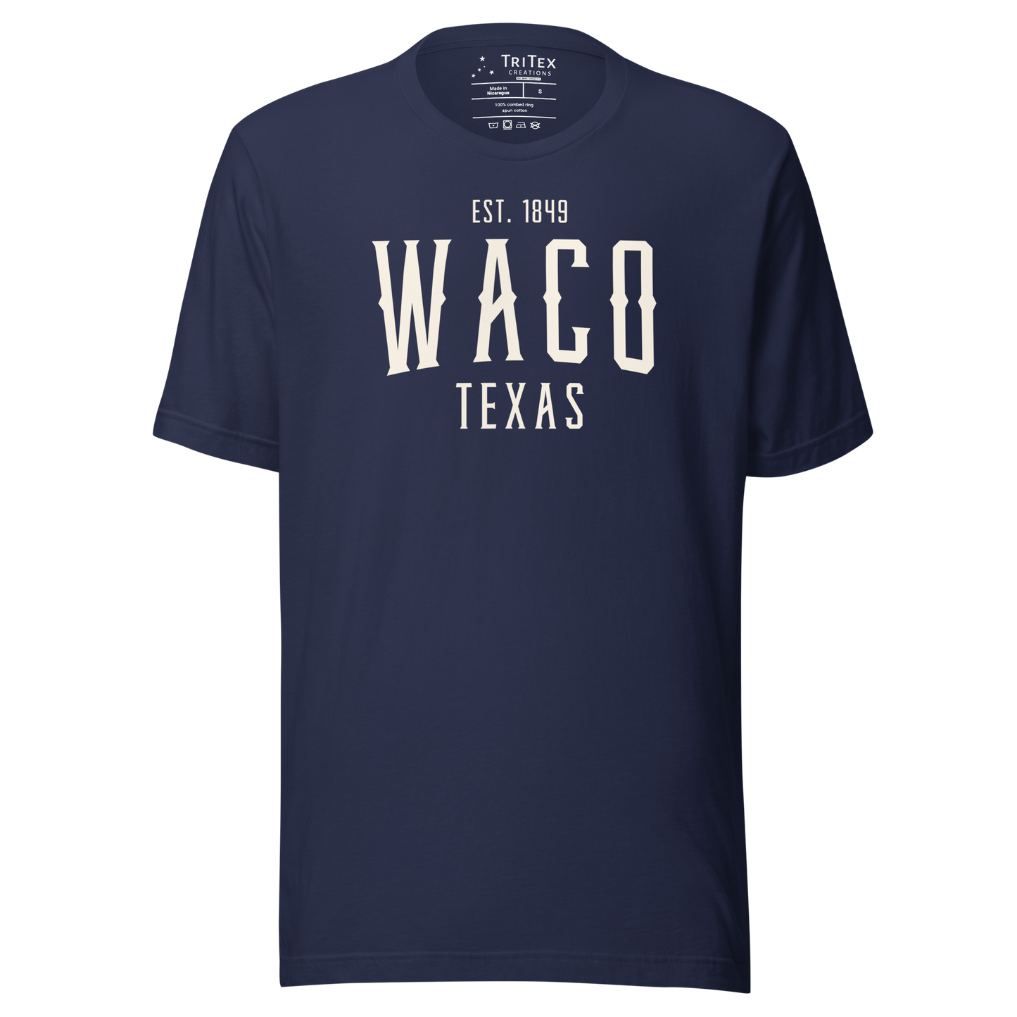 A navy blue t-shirt with the words "Waco Texas Est. 1849".