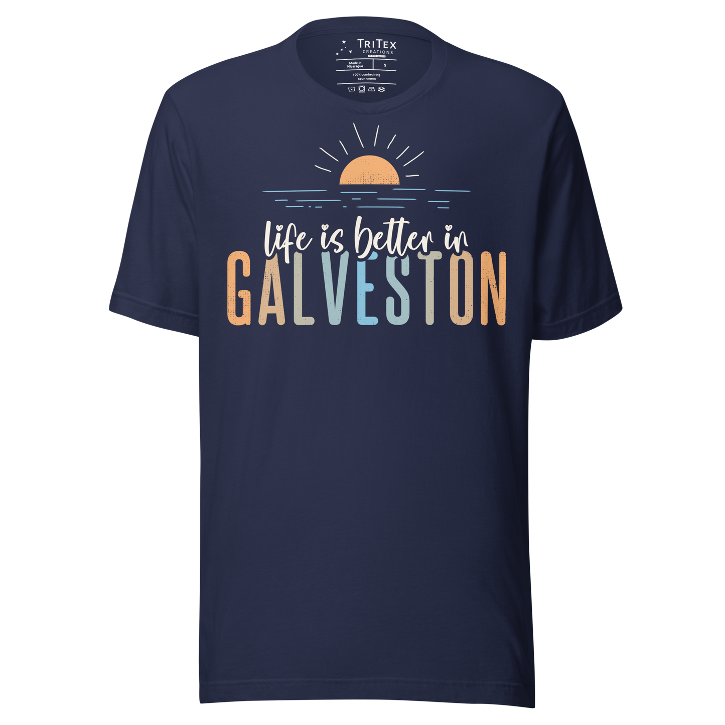 A navy blue t-shirt featuring a sunrise with the text "Life is better in Galveston".