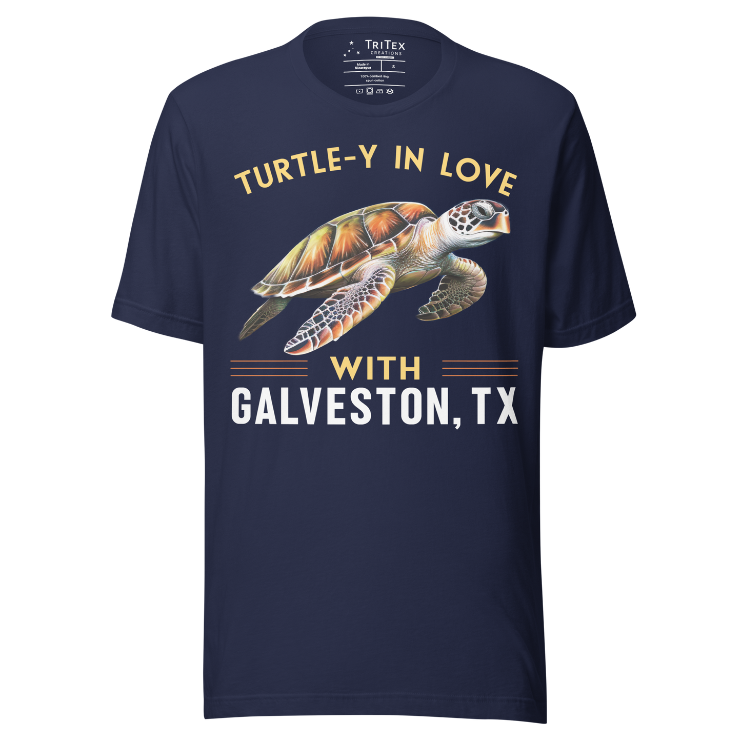 A navy blue t-shirt featuring an illustration of a sea turtle with the text “Turtle-y In Love With Galveston, TX”.
