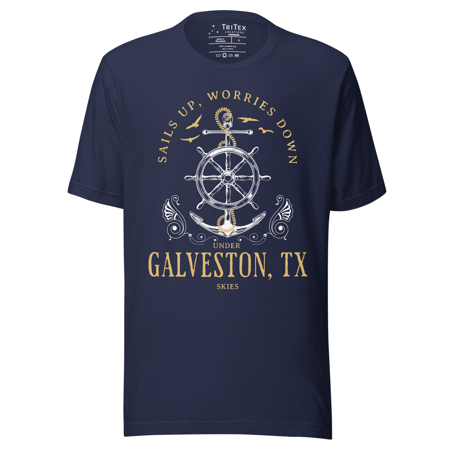 A navy blue t-shirt featuring an anchor and seagulls with the words "Sails up, worries down under Galveston, TX skies".