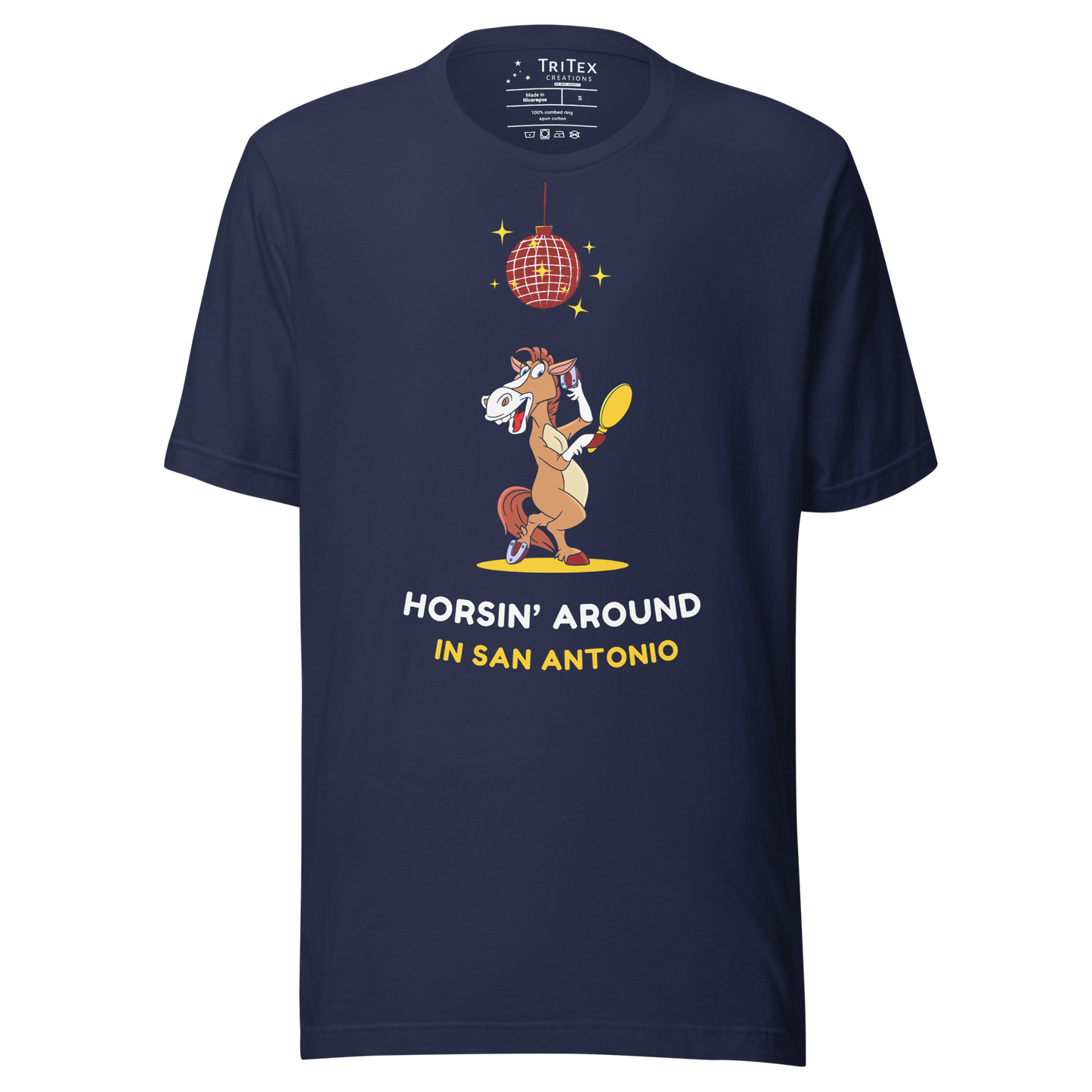 A navy blue t-shirt featuring an image of a cartoon horse primping under a sparkling disco ball with the words "Horsin' around in San Antonio".