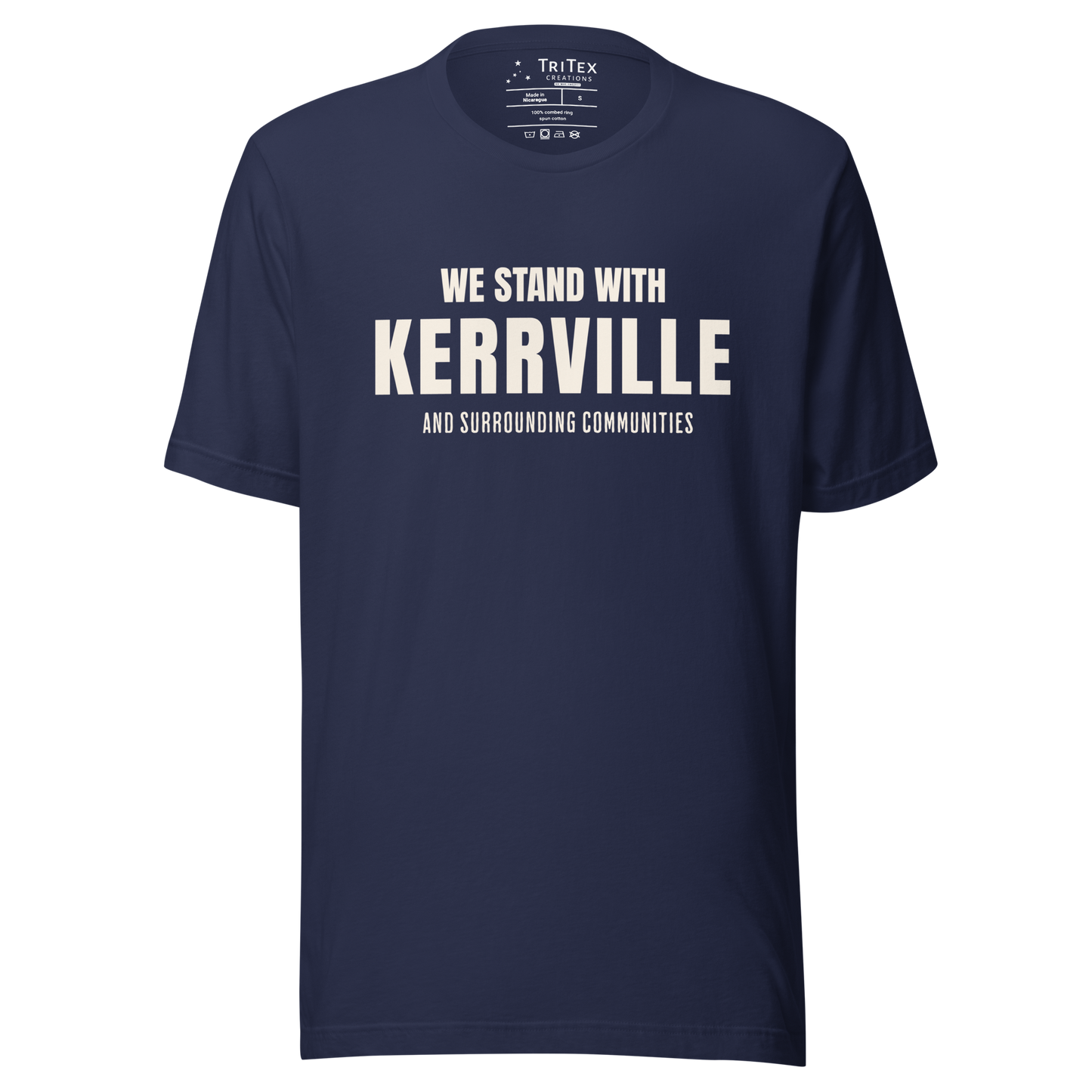 A navy blue t-shirt with the words "We stand with Kerrville and surrounding communities".