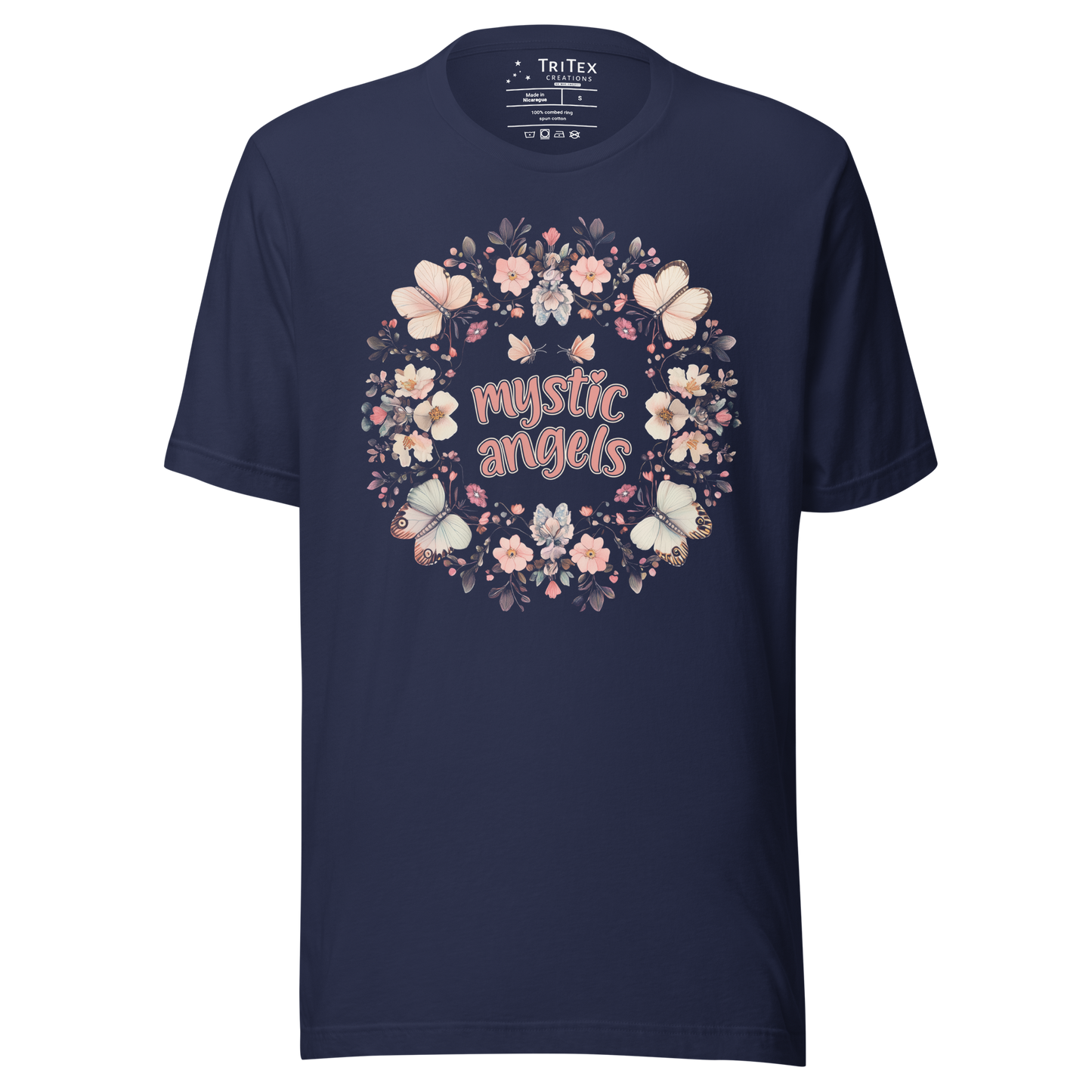 A navy blue t-shirt with the words "mystic angels" surrounded by butterflies and flowers.