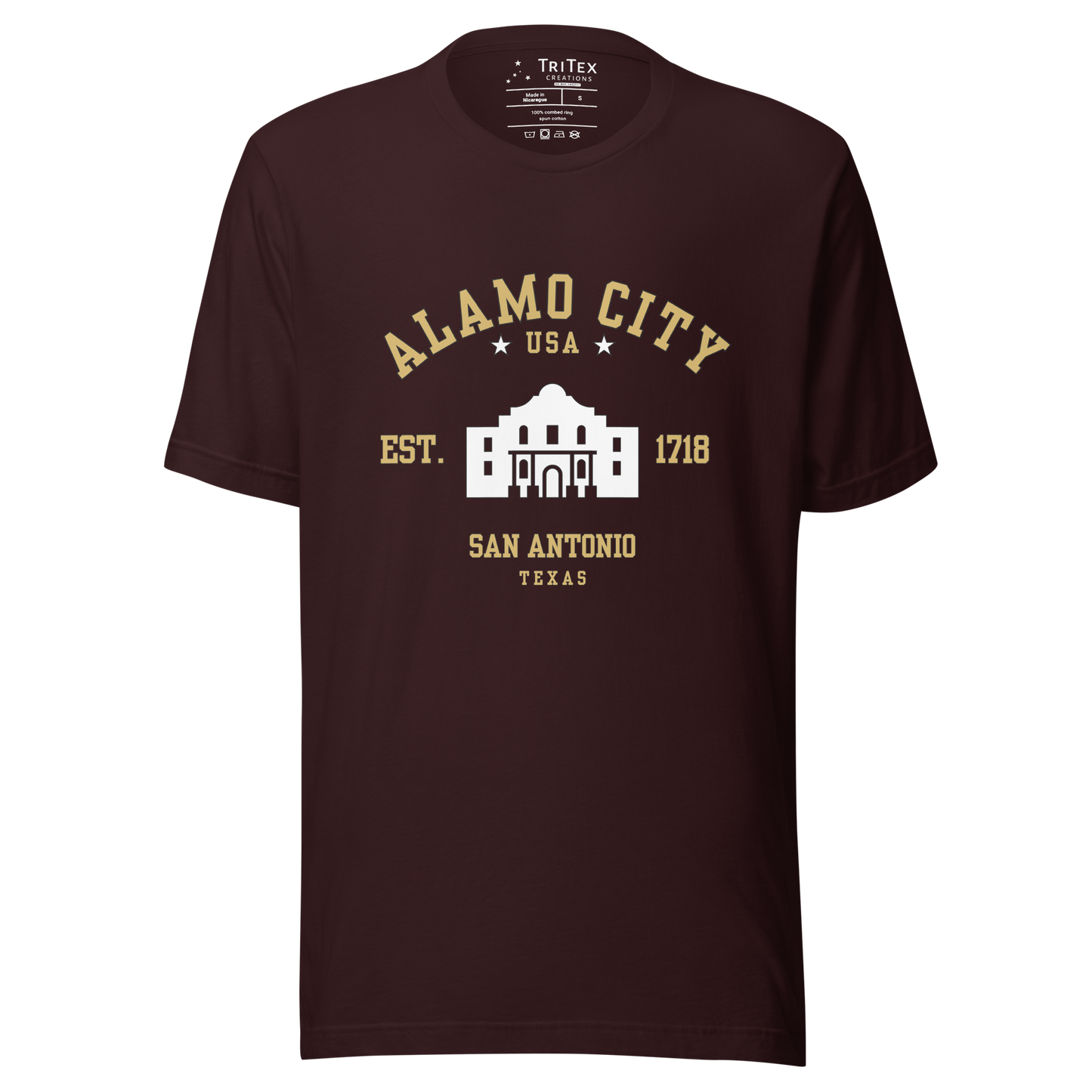 An oxblood black t-shirt featuring an image of The Alamo with the words "Alamo City USA Est. 1718 San Antonio Texas".
