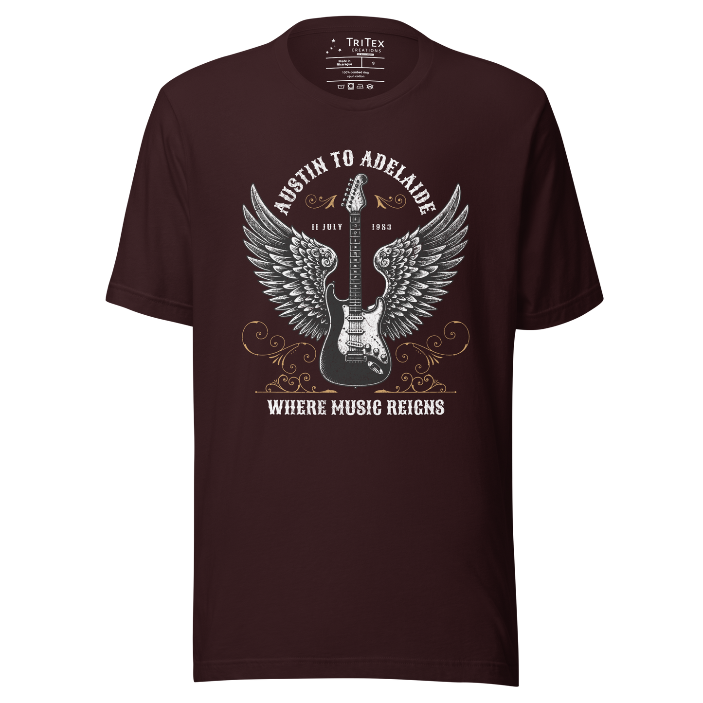 An oxblood black t-shirt featuring an electric guitar with wings and the words "Austin to Adelaide 11 July 1983. Where music reigns".