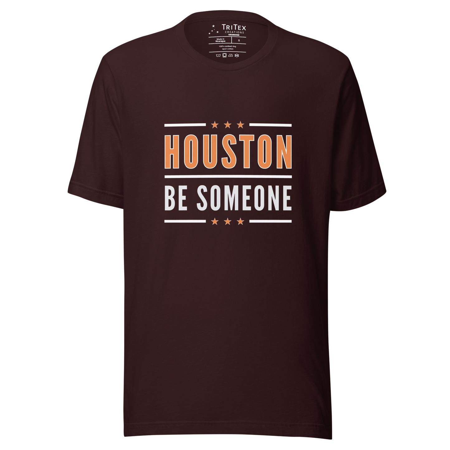 An oxblood black t-shirt with some stars and the text "Houston be someone".
