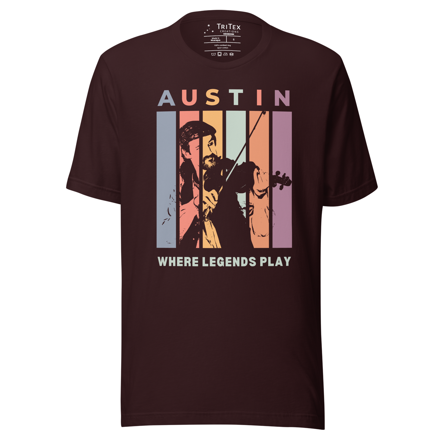 An oxblood black t-shirt featuring a silhouette of a fiddle player with the words "Austin. Where legends play".