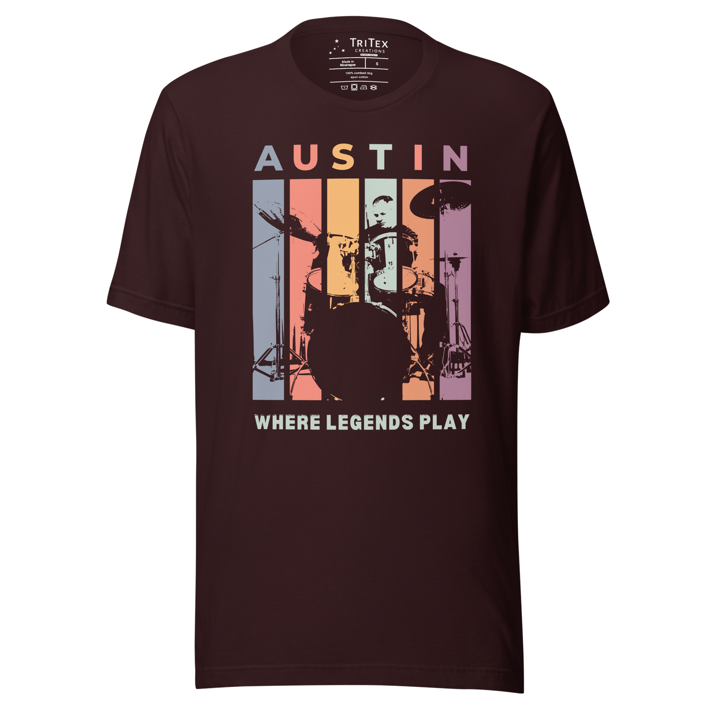 An oxblood black t-shirt featuring a silhouette of a drummer with the words "Austin. Where legends play".