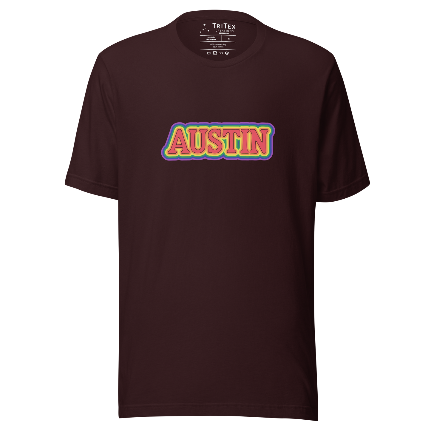 An oxblood black t-shirt featuring the words Austin in rainbow colors.