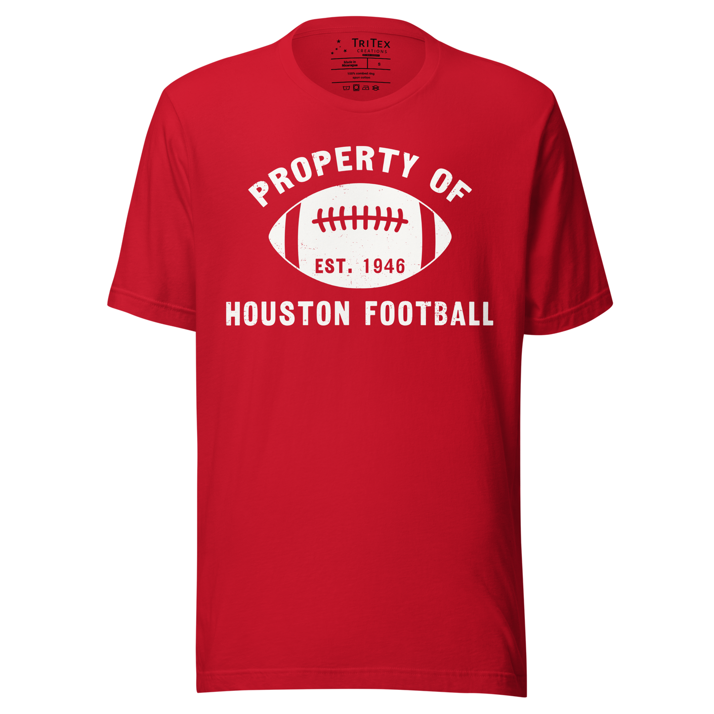 A red t-shirt featuring a silhouette of a football with text that reads "Property of Houston Football Est. 1946".