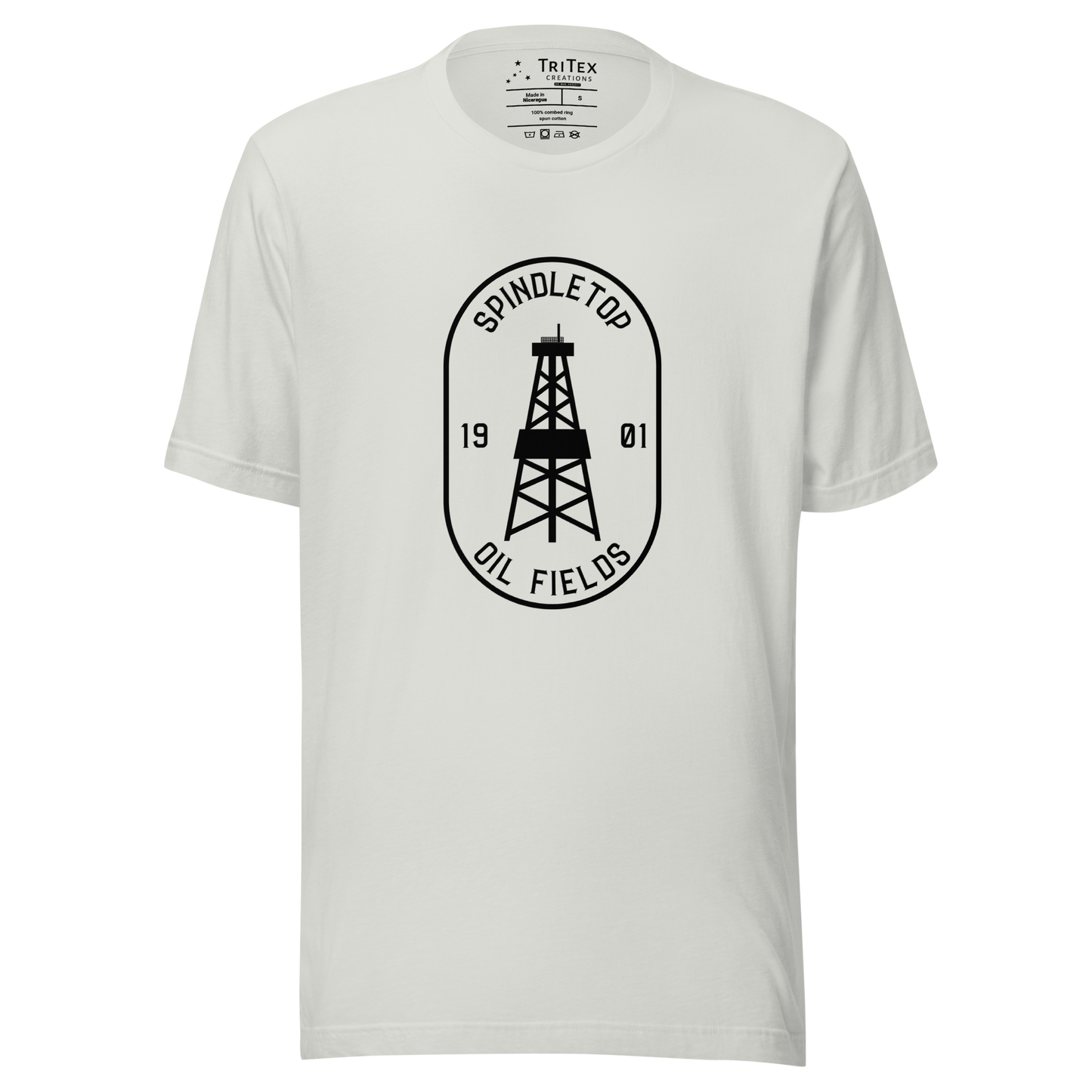 A silver t-shirt featuring an oil tower with the words "Spindletop oil fields 1901".